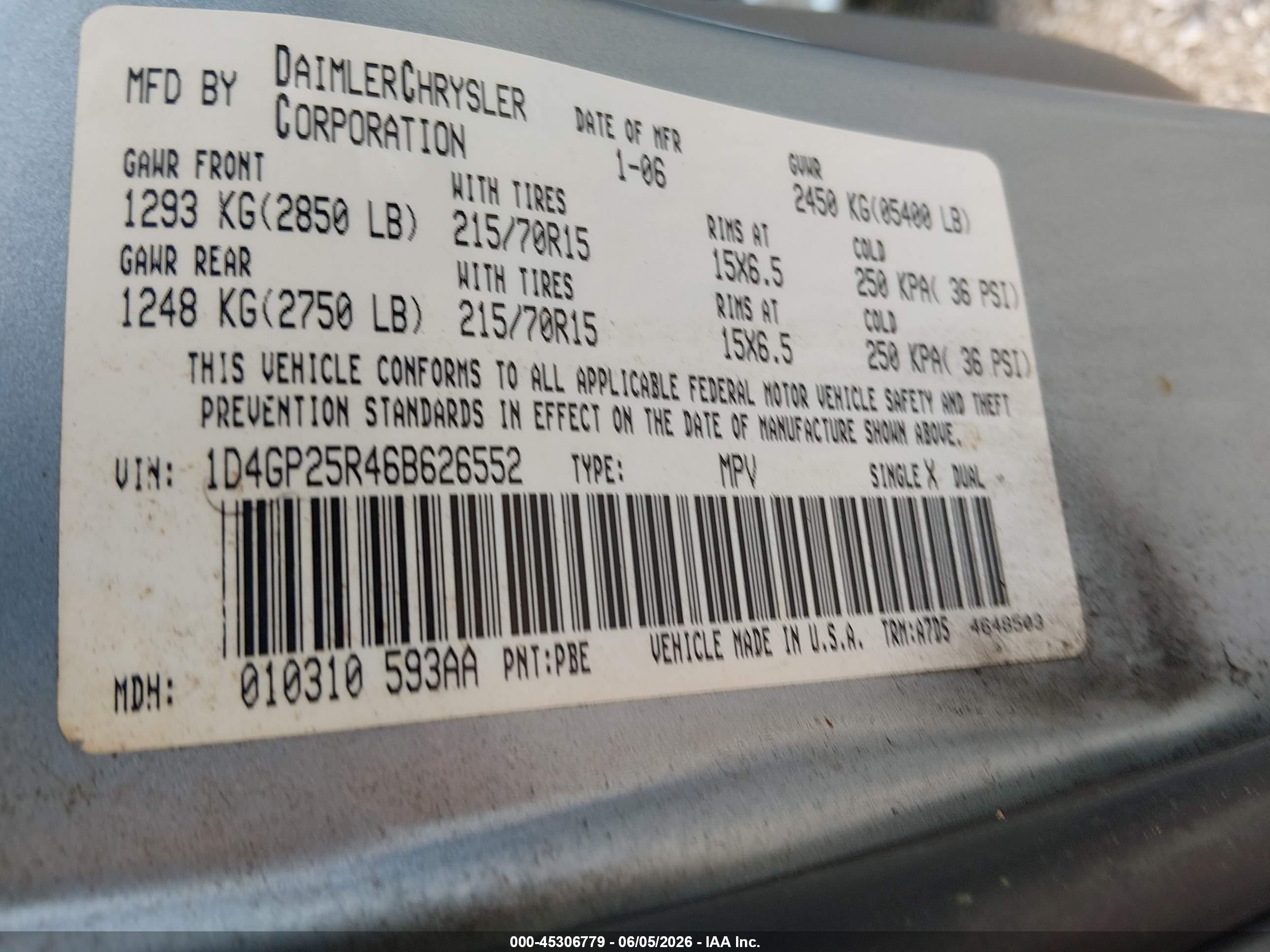 2006 Dodge Caravan Se Light Blue vin: 1D4GP25R46B626552