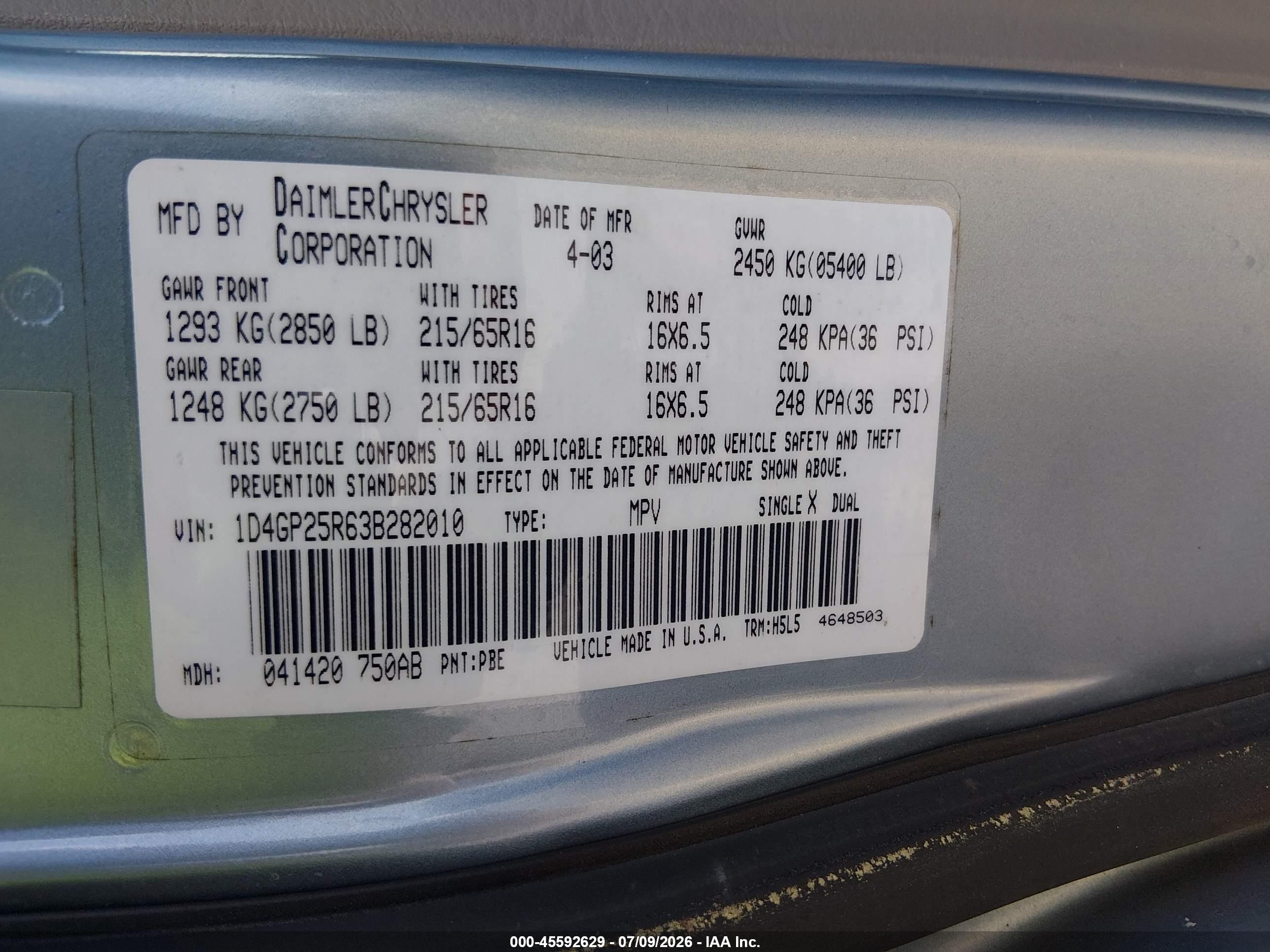 2003 Dodge Caravan Se Blue vin: 1D4GP25R63B282010