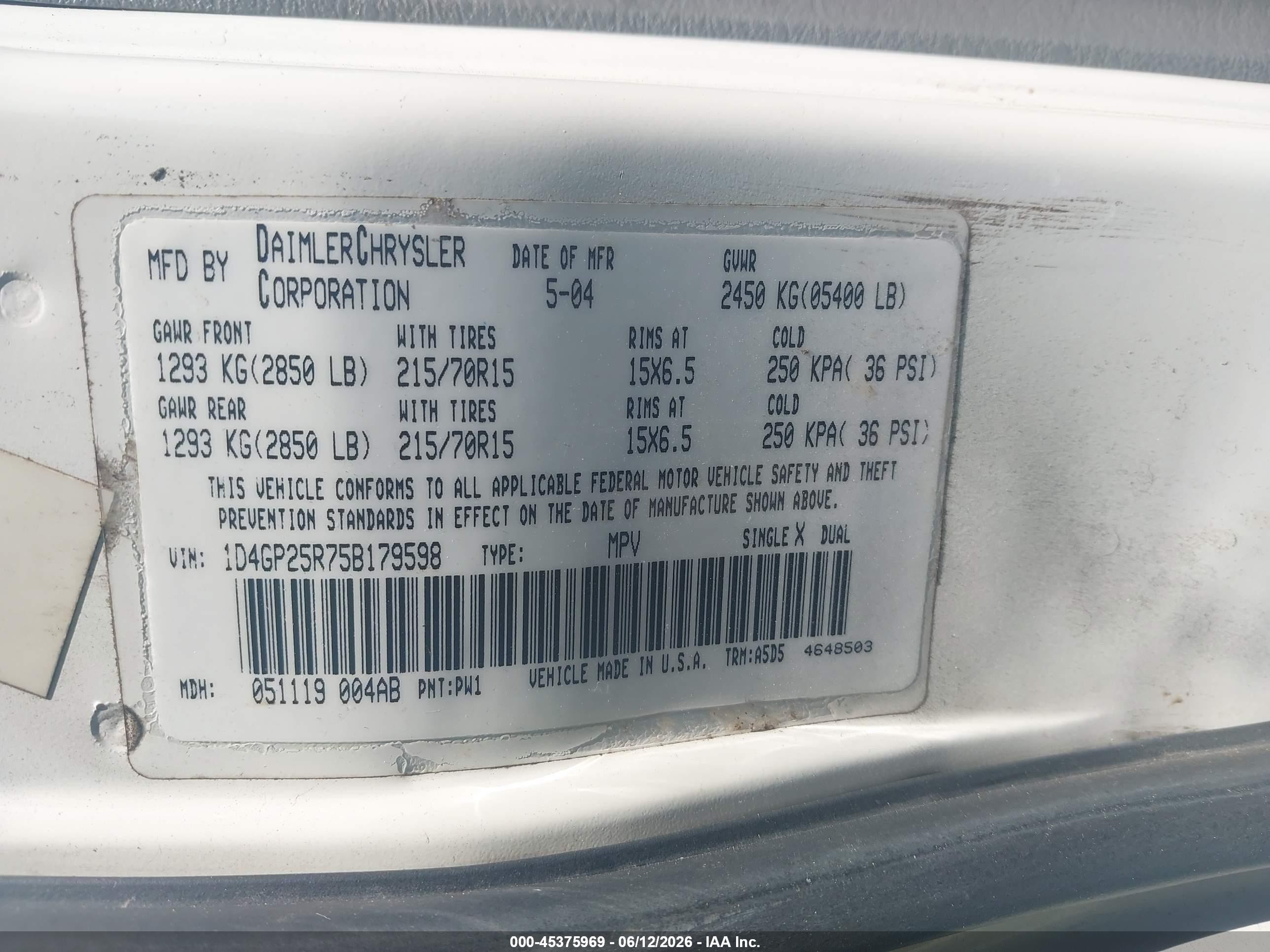 2005 Dodge Caravan Se White vin: 1D4GP25R75B179598