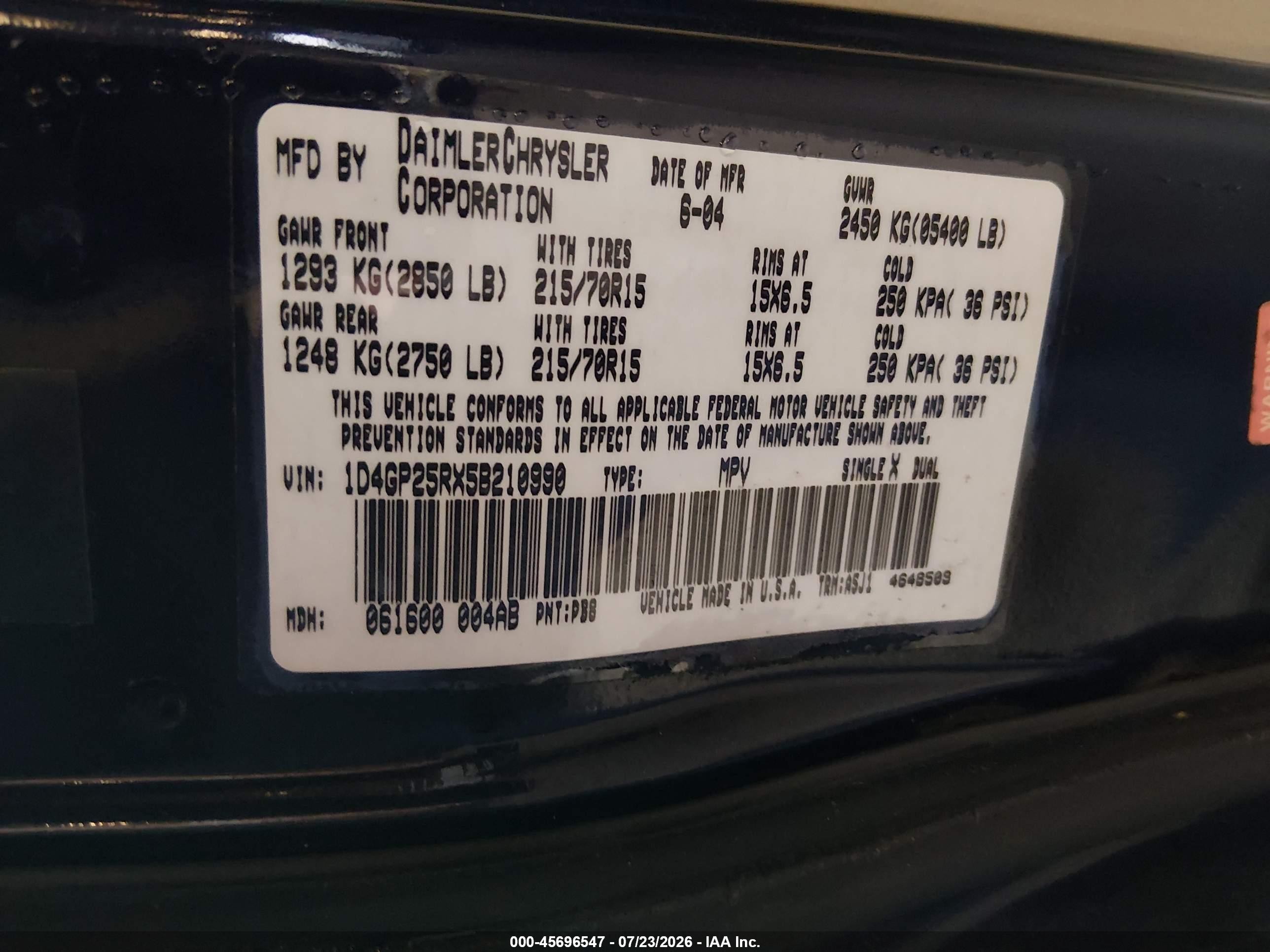 2005 Dodge Caravan Se Blue vin: 1D4GP25RX5B210990