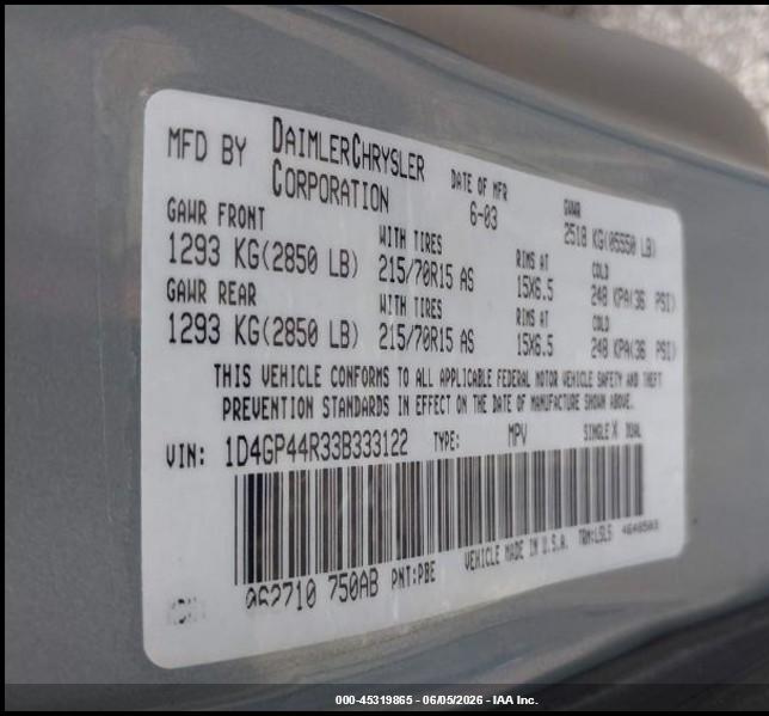 2003 Dodge Grand Caravan Sport Blue vin: 1D4GP44R33B333122