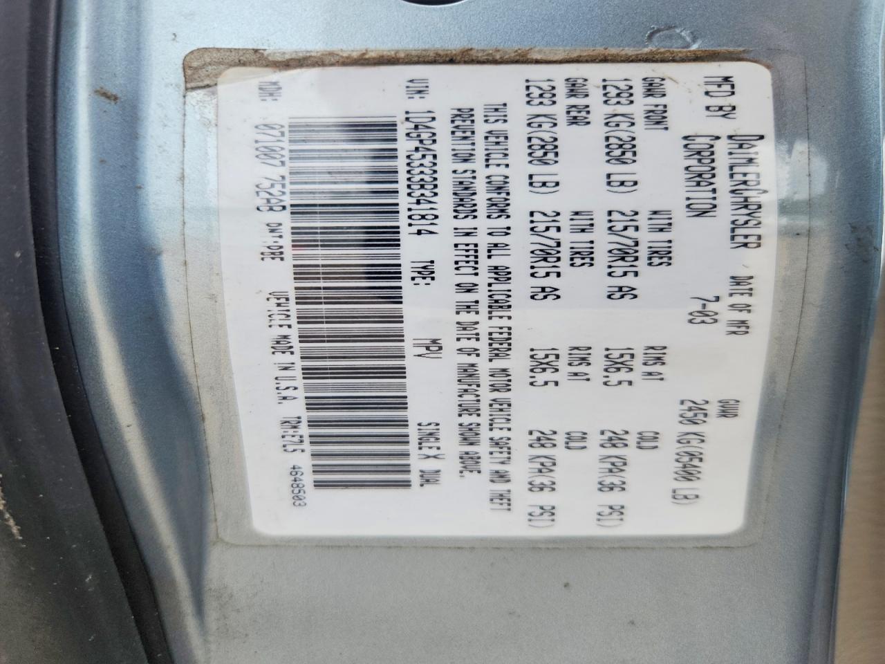2003 Dodge Caravan Sport Silver vin: 1D4GP45333B341814