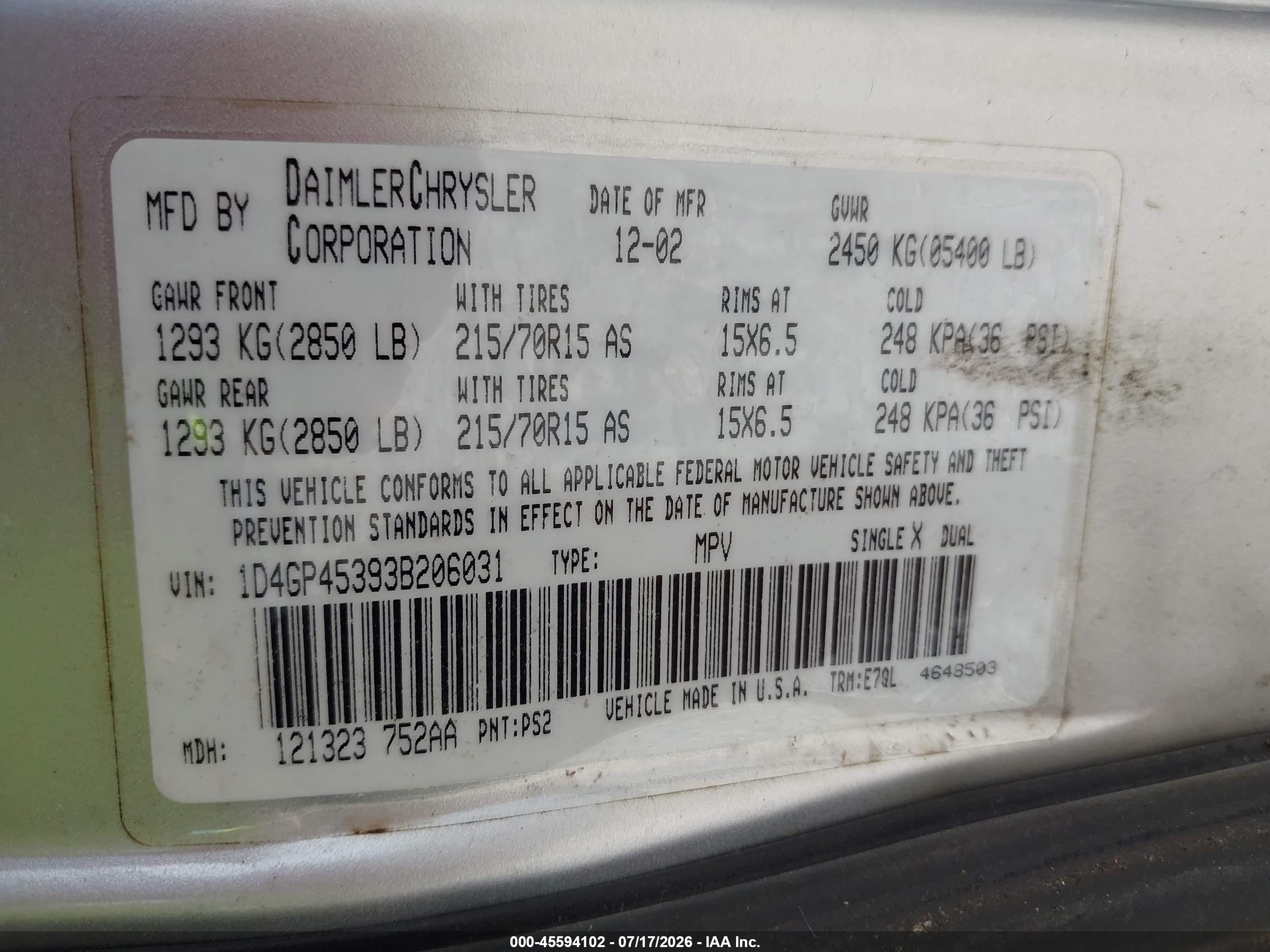2003 Dodge Caravan Sport Silver vin: 1D4GP45393B206031
