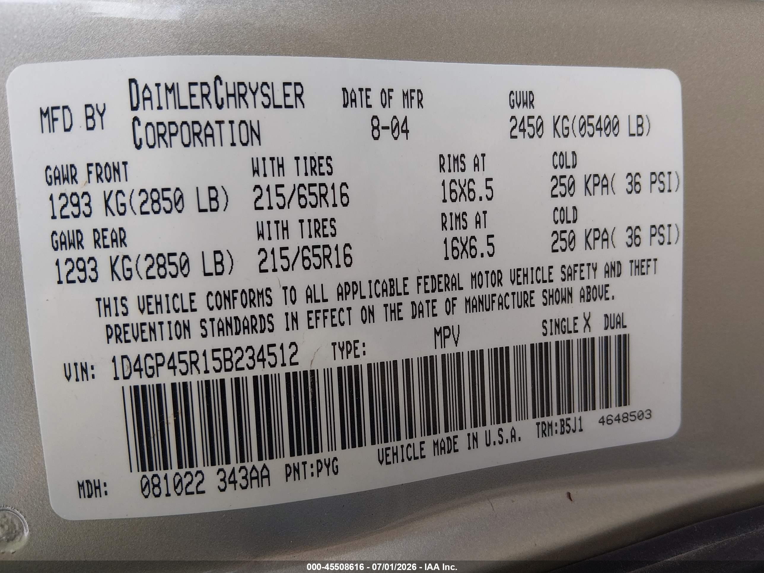 2005 Dodge Caravan Sxt Gold vin: 1D4GP45R15B234512