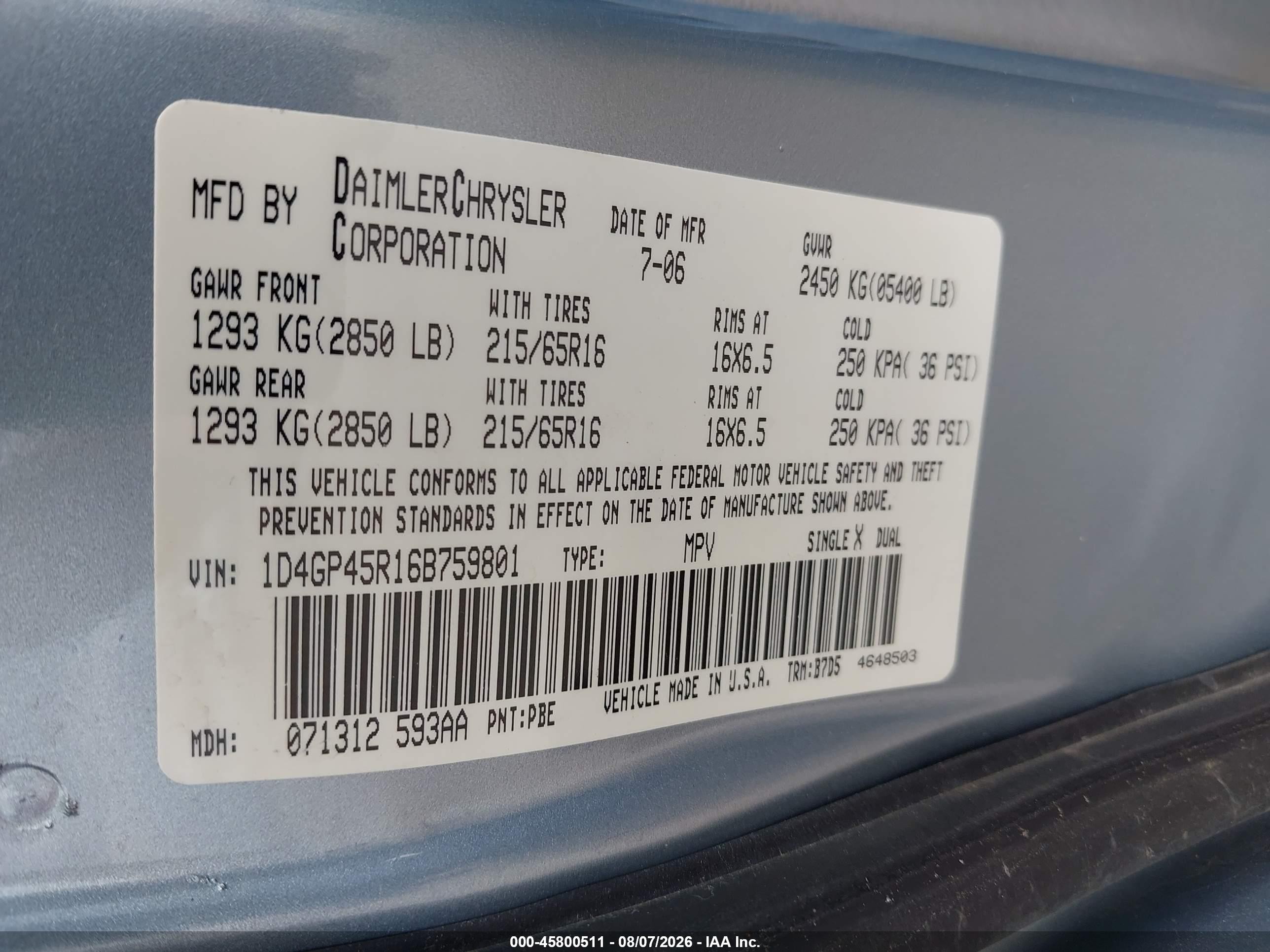 2006 Dodge Caravan Sxt Light Blue vin: 1D4GP45R16B759801