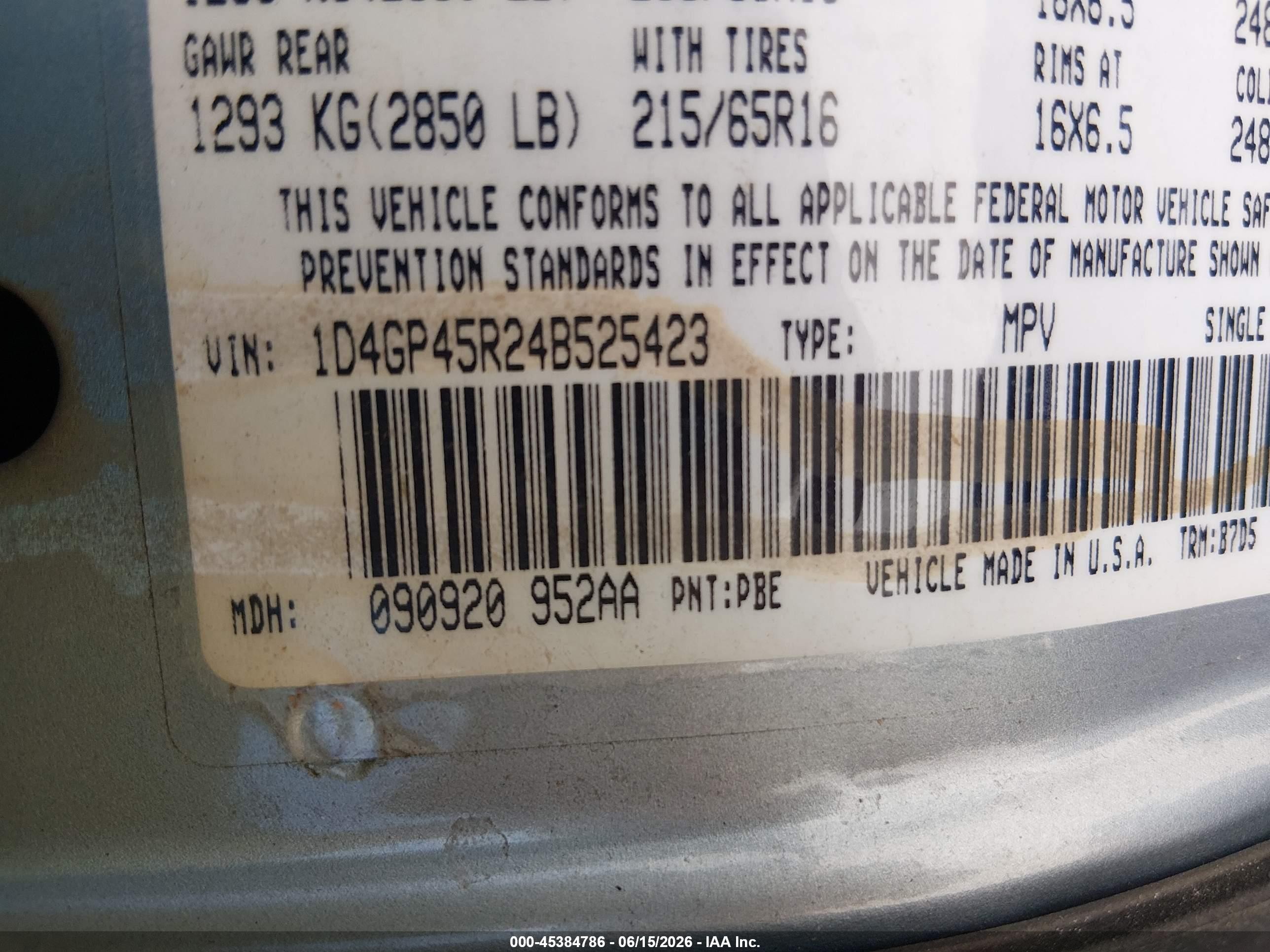 2004 Dodge Caravan Sxt Light Blue vin: 1D4GP45R24B525423