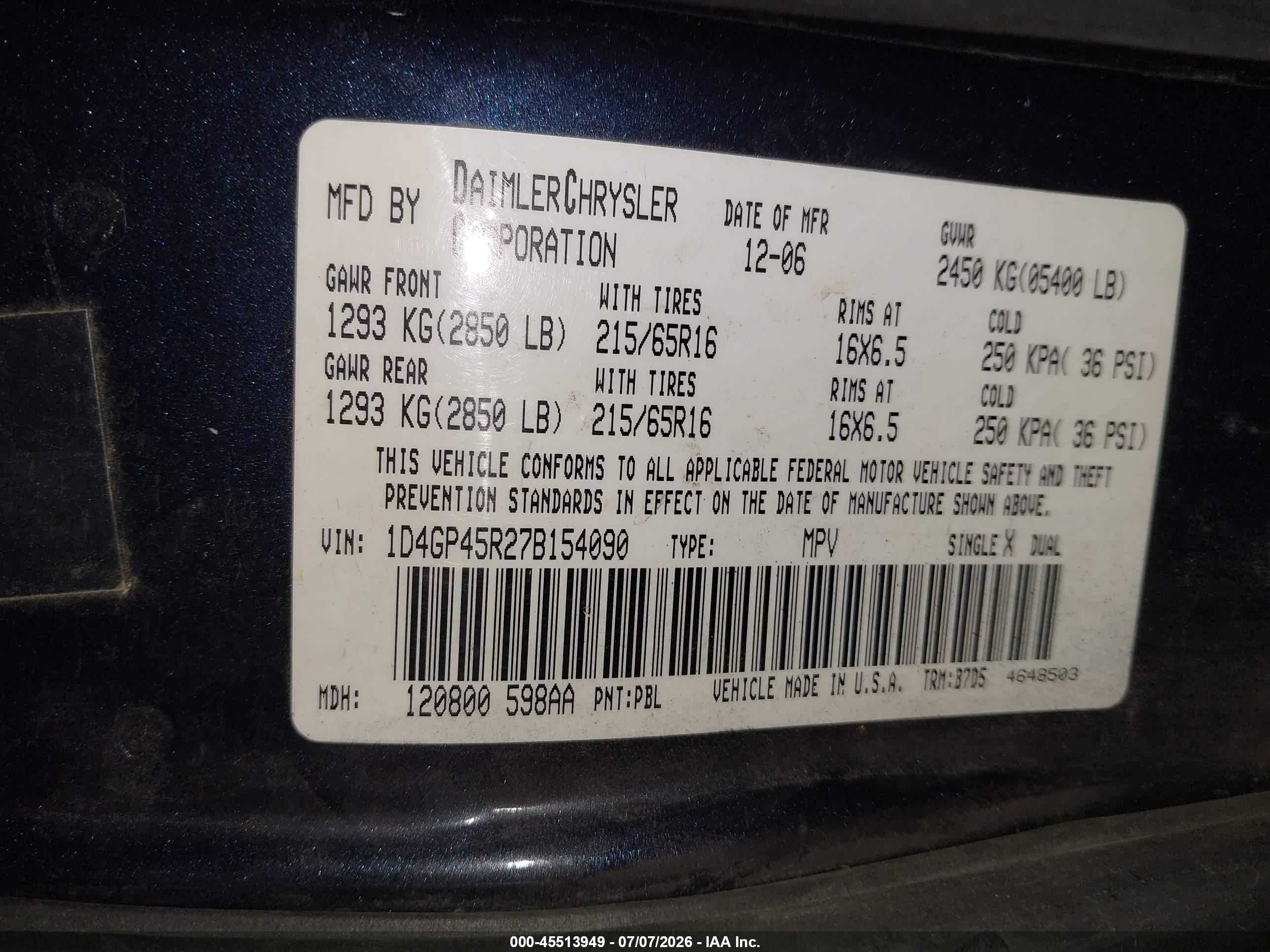 2007 Dodge Caravan Sxt Purple vin: 1D4GP45R27B154090