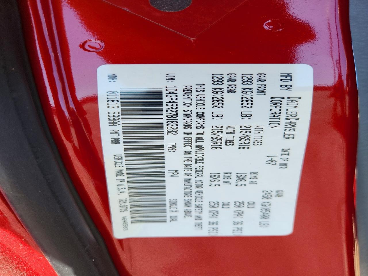 2007 Dodge Caravan Sxt Red vin: 1D4GP45R27B183282