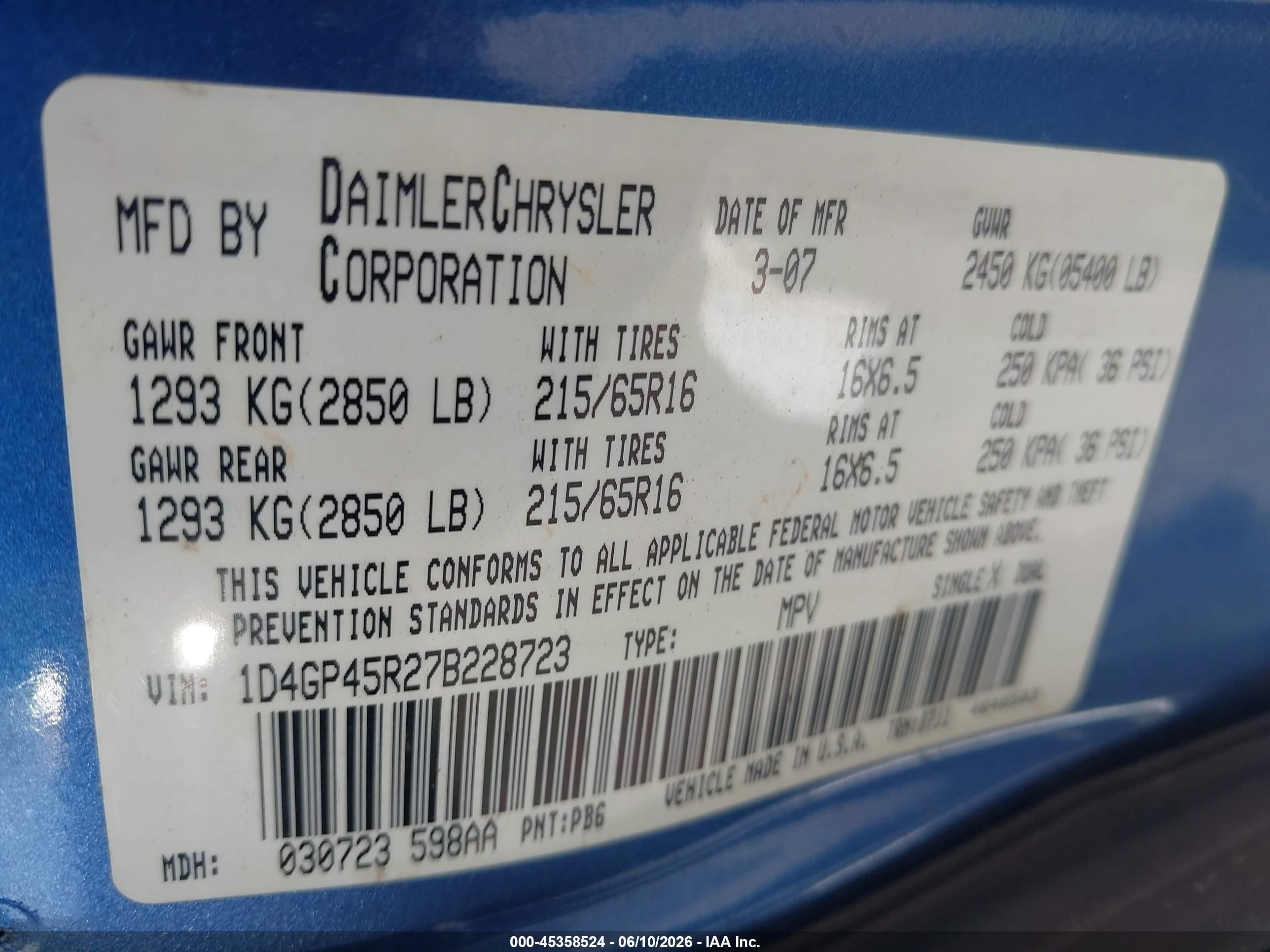 2007 Dodge Caravan Sxt Blue vin: 1D4GP45R27B228723