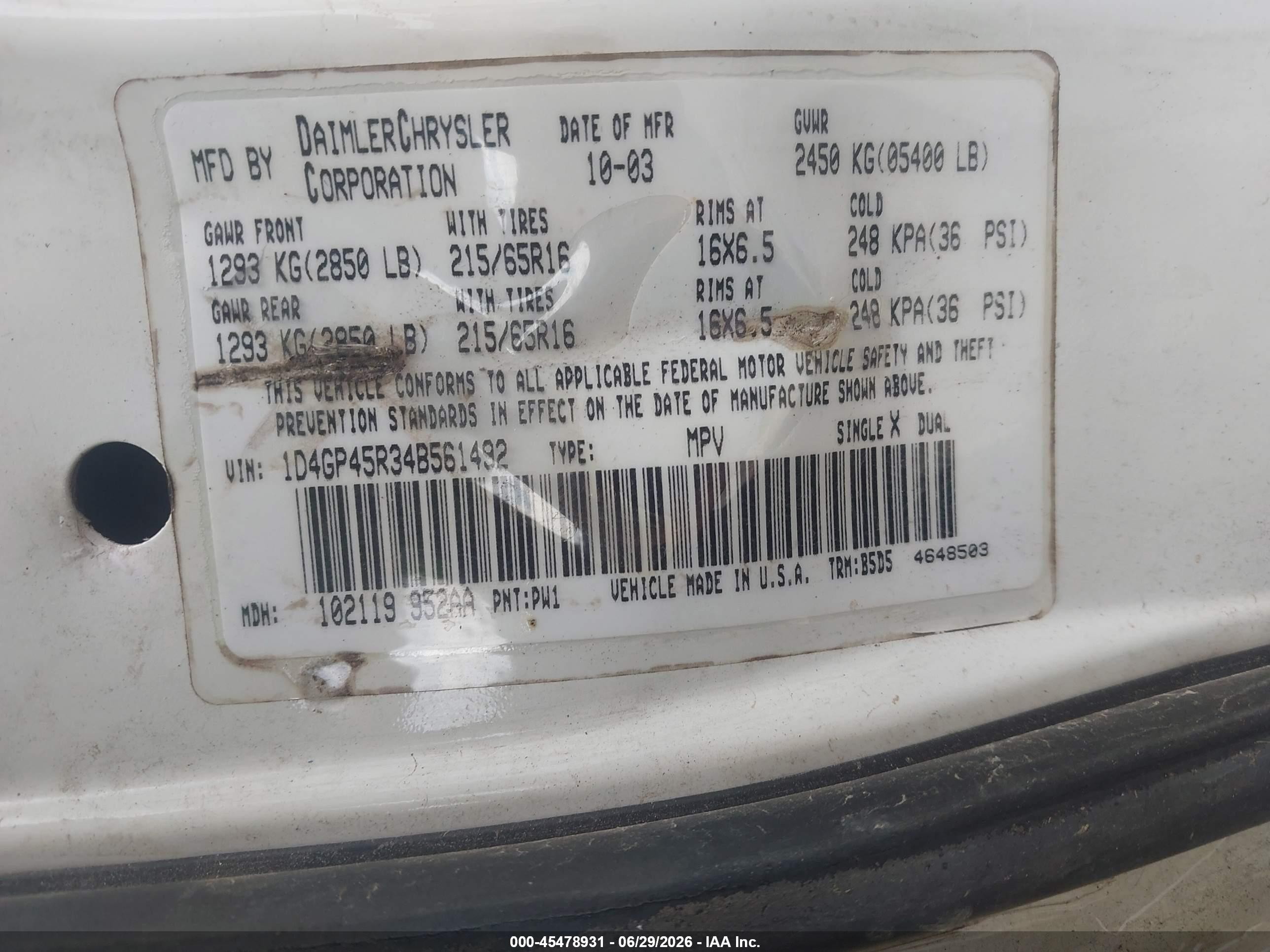 2004 Dodge Caravan Sxt Кремовый vin: 1D4GP45R34B561492