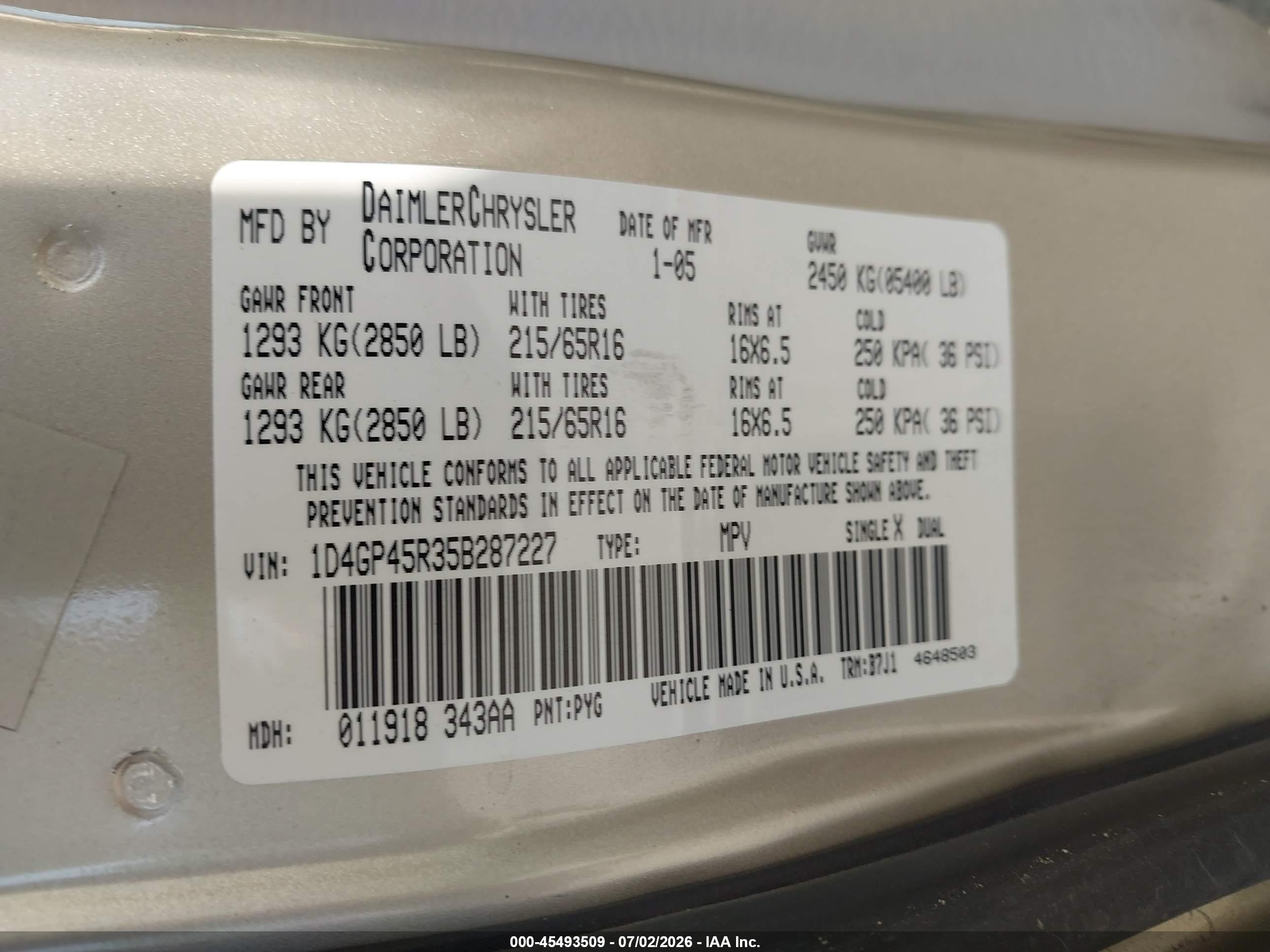 2005 Dodge Caravan Sxt Gold vin: 1D4GP45R35B287227