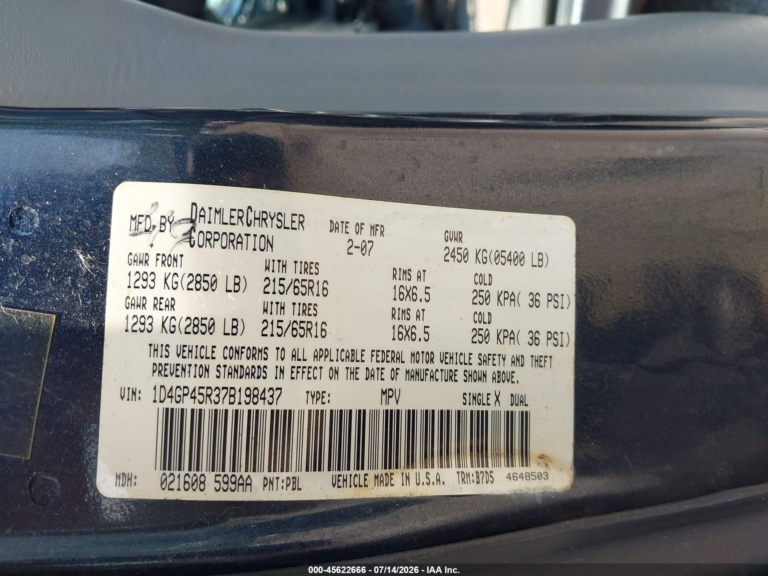 2007 Dodge Caravan Sxt Black vin: 1D4GP45R37B198437
