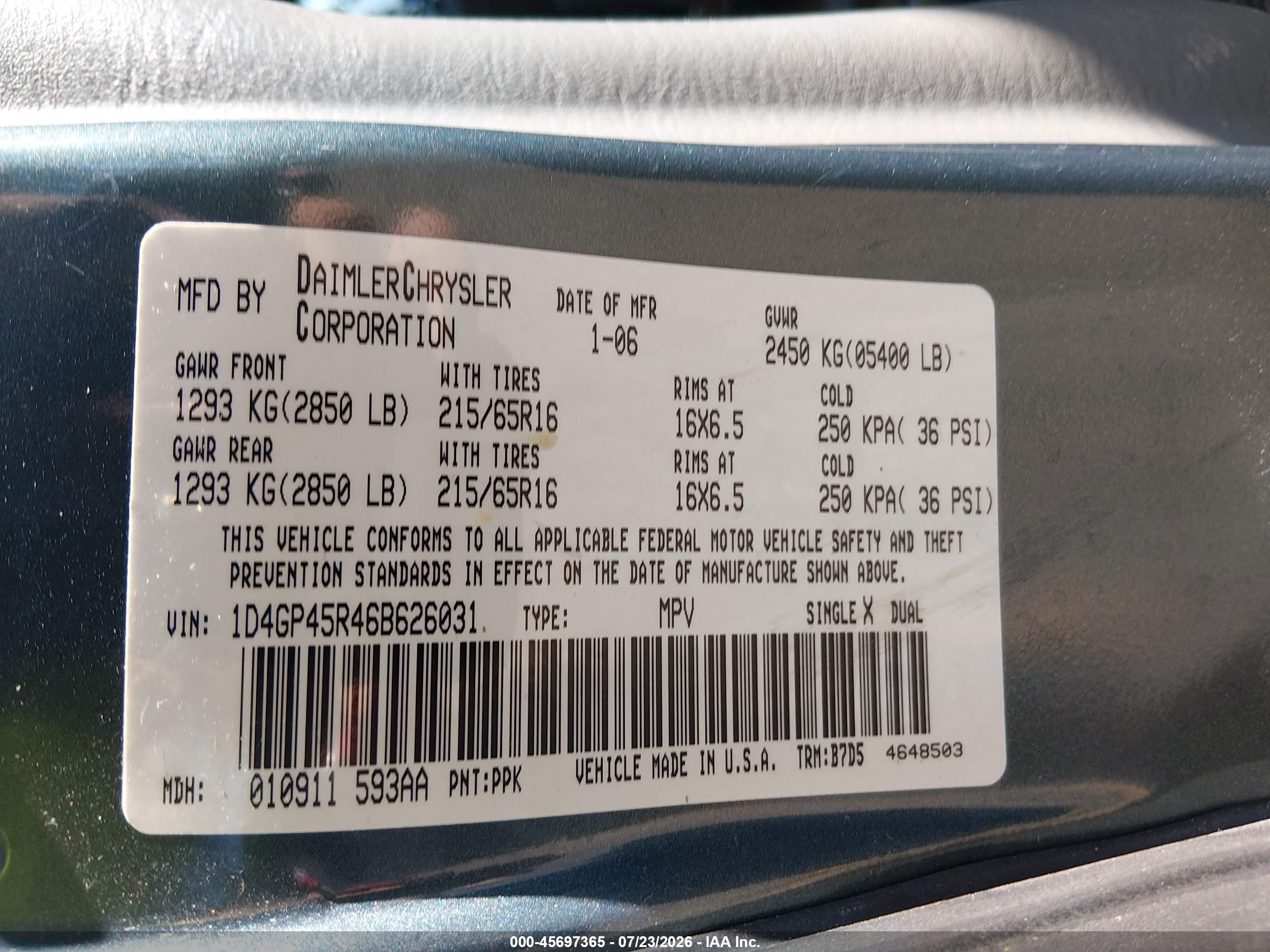 2006 Dodge Caravan Sxt Blue vin: 1D4GP45R46B626031