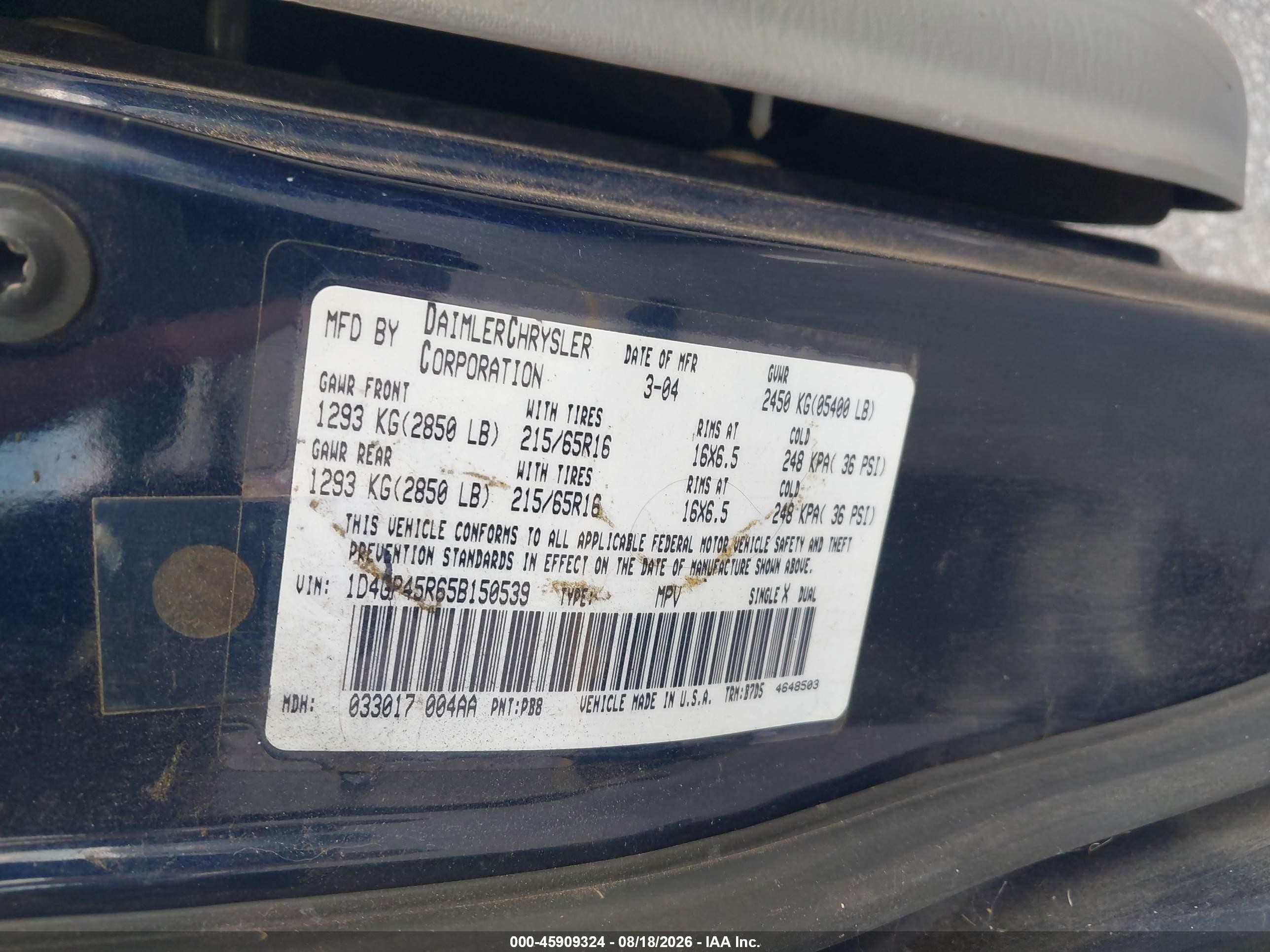 2005 Dodge Caravan Sxt Dark Blue vin: 1D4GP45R65B150539