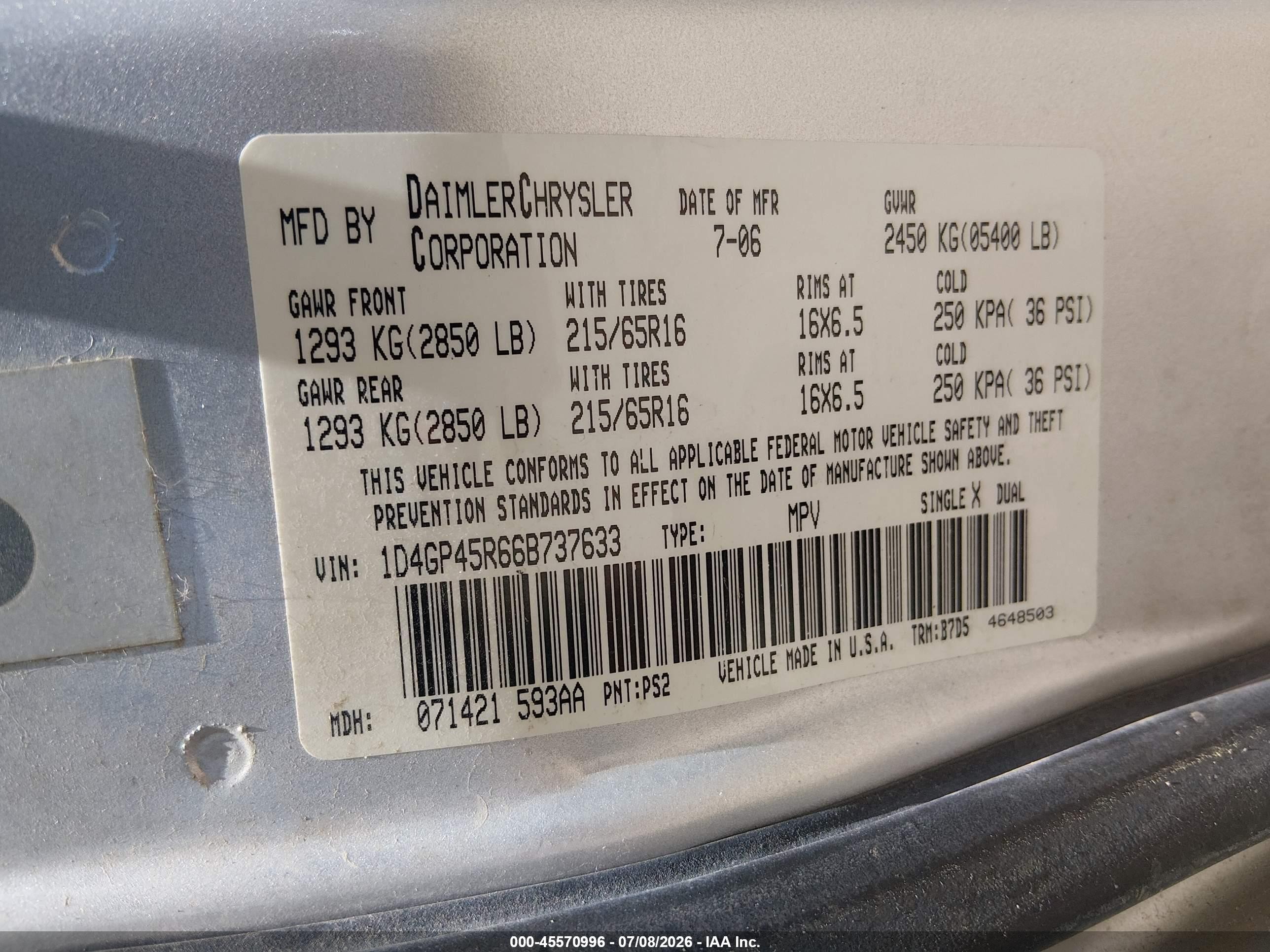 2006 Dodge Caravan Sxt Серебряный vin: 1D4GP45R66B737633