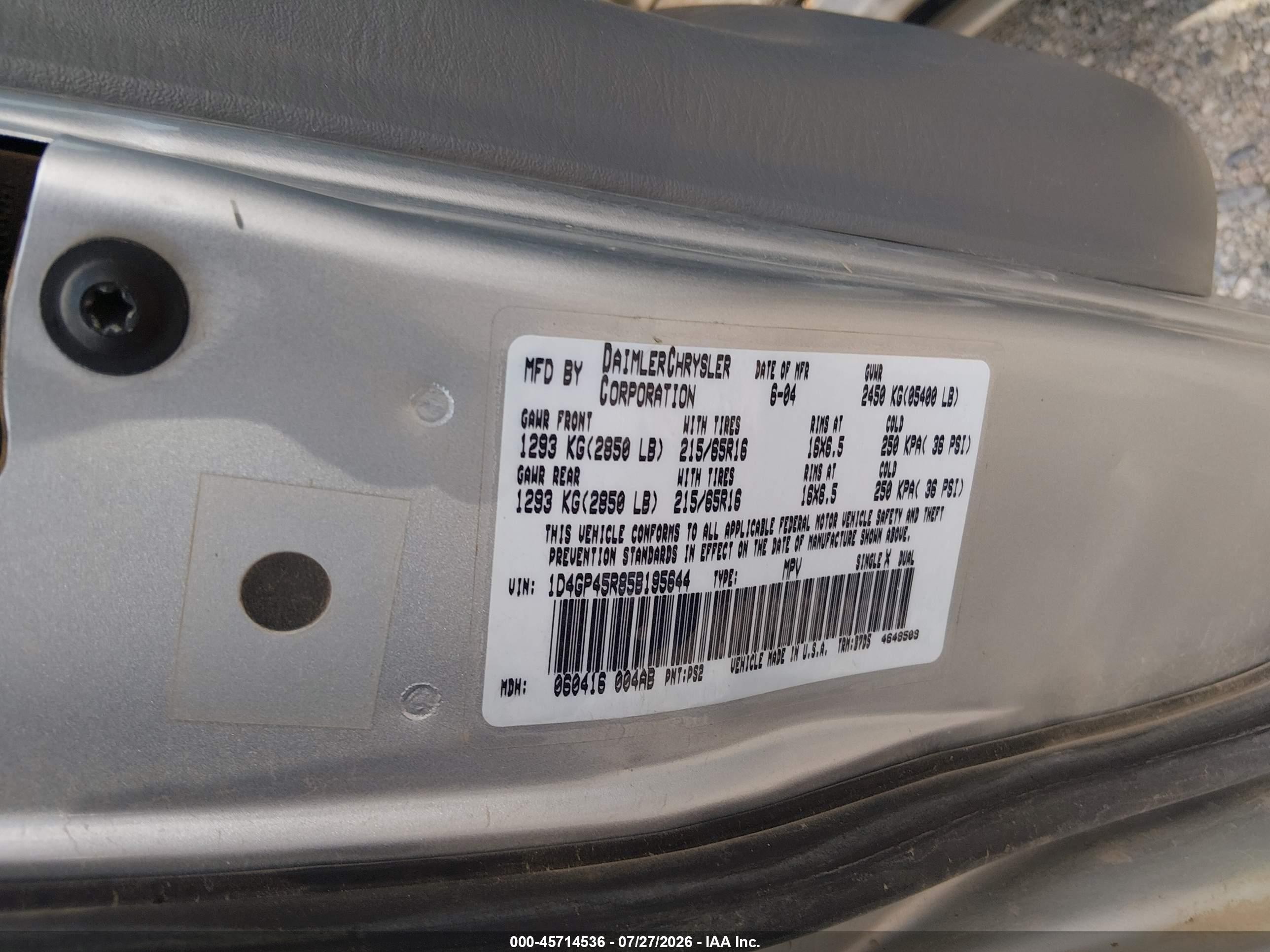 2005 Dodge Caravan Sxt Silver vin: 1D4GP45R85B195644