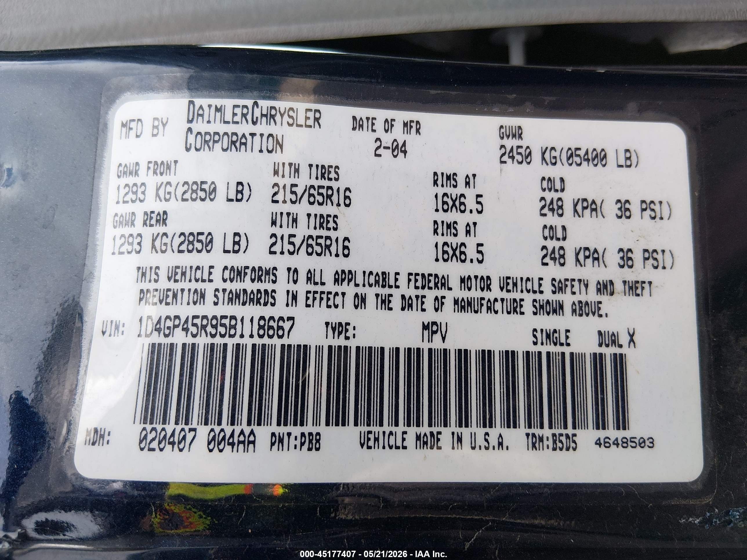 2005 Dodge Caravan Sxt Blue vin: 1D4GP45R95B118667