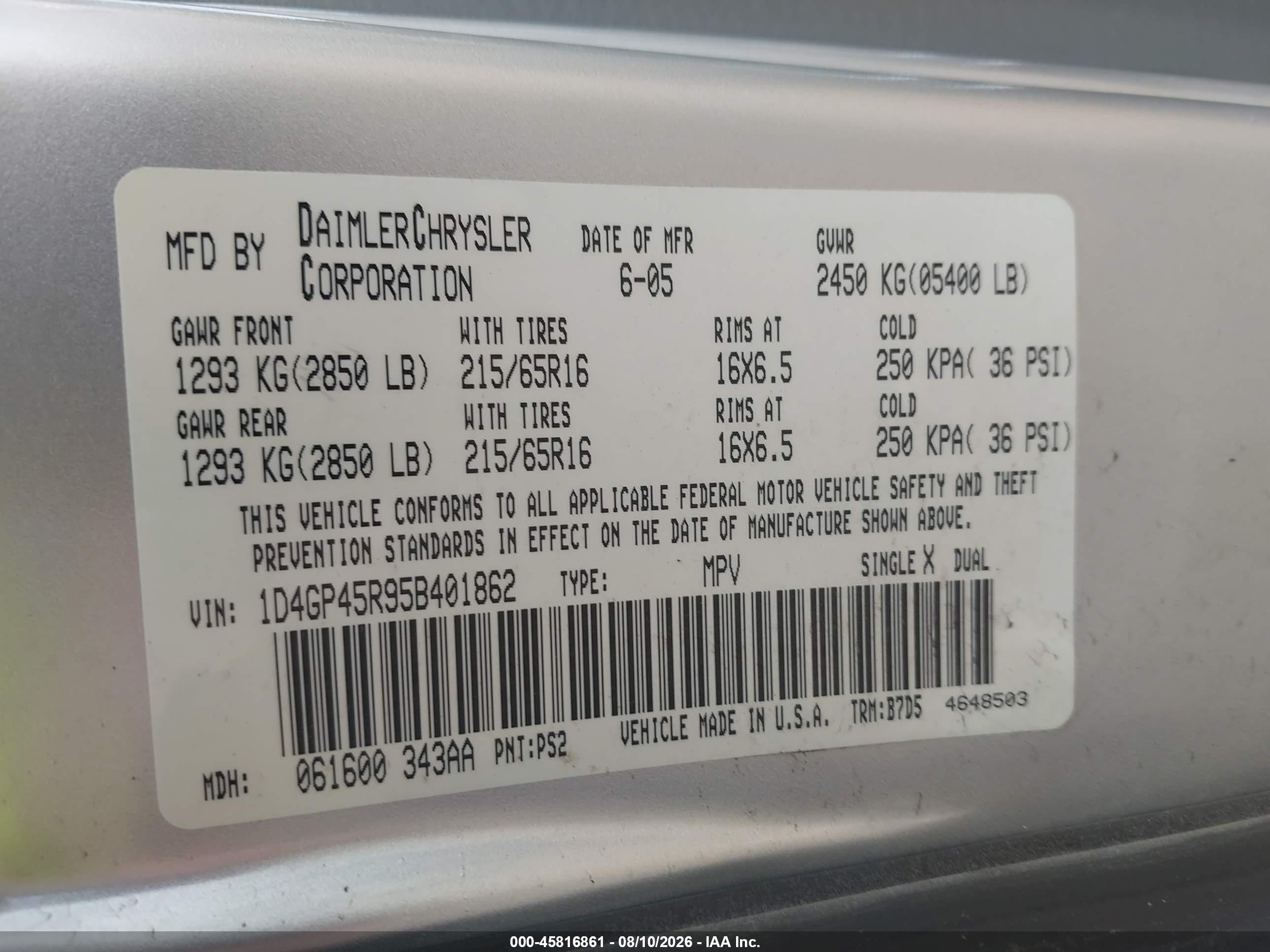 2005 Dodge Caravan Sxt Серебряный vin: 1D4GP45R95B401862