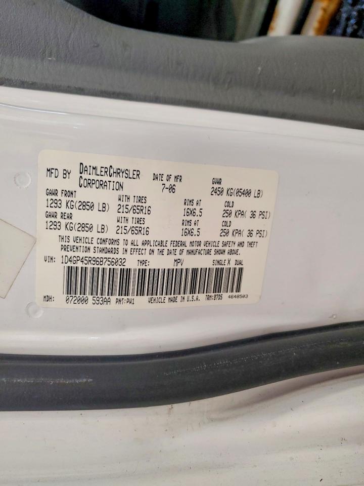 2006 Dodge Caravan Sxt White vin: 1D4GP45R96B756032