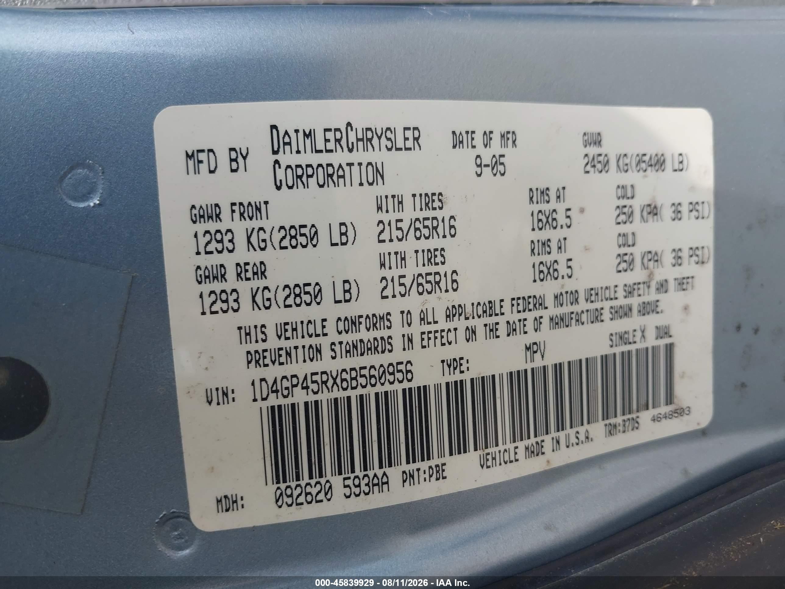 2006 Dodge Caravan Sxt Blue vin: 1D4GP45RX6B560956