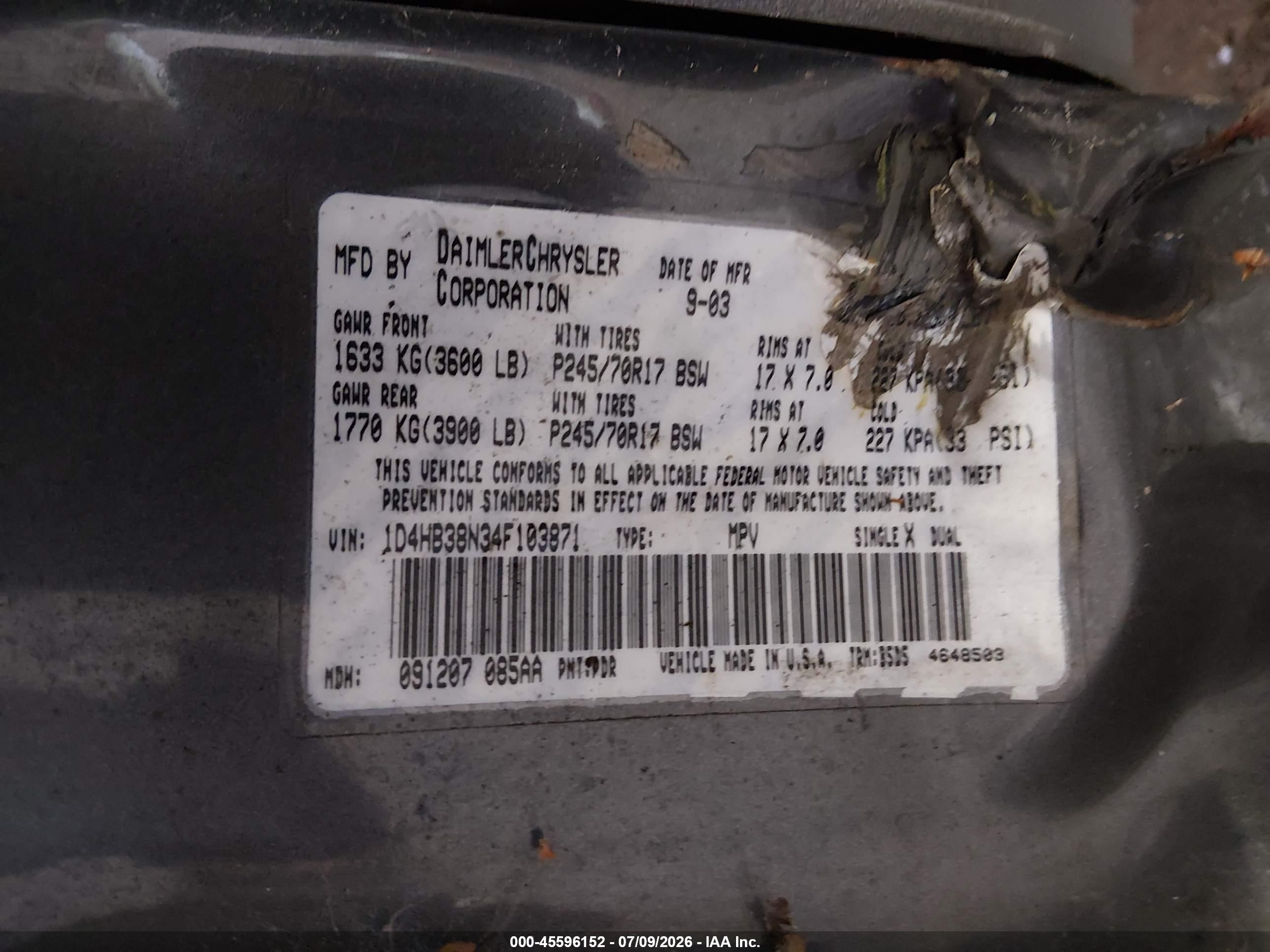 2004 Dodge Durango St Gray vin: 1D4HB38N34F103871