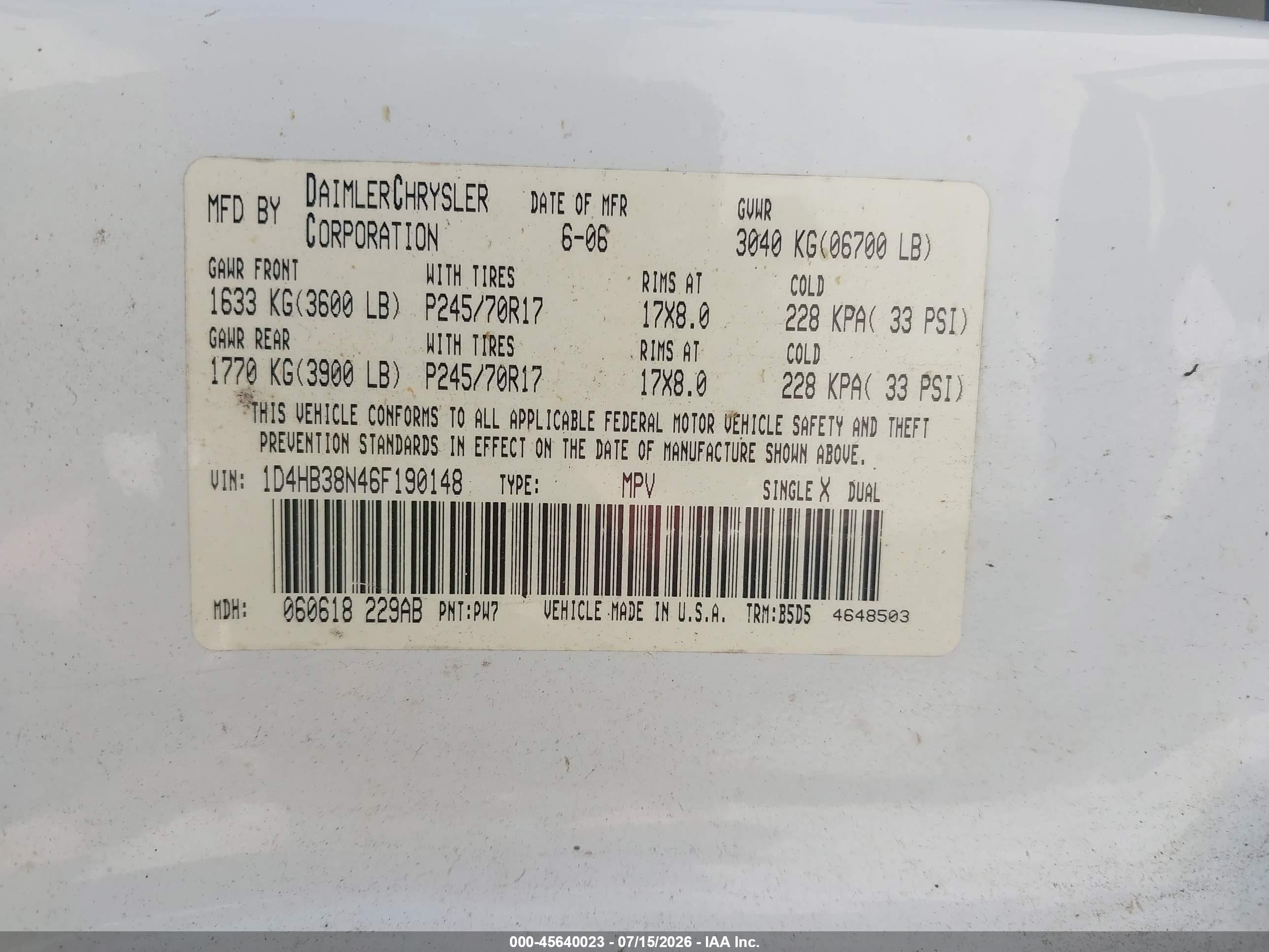 2006 Dodge Durango Sxt White vin: 1D4HB38N46F190148