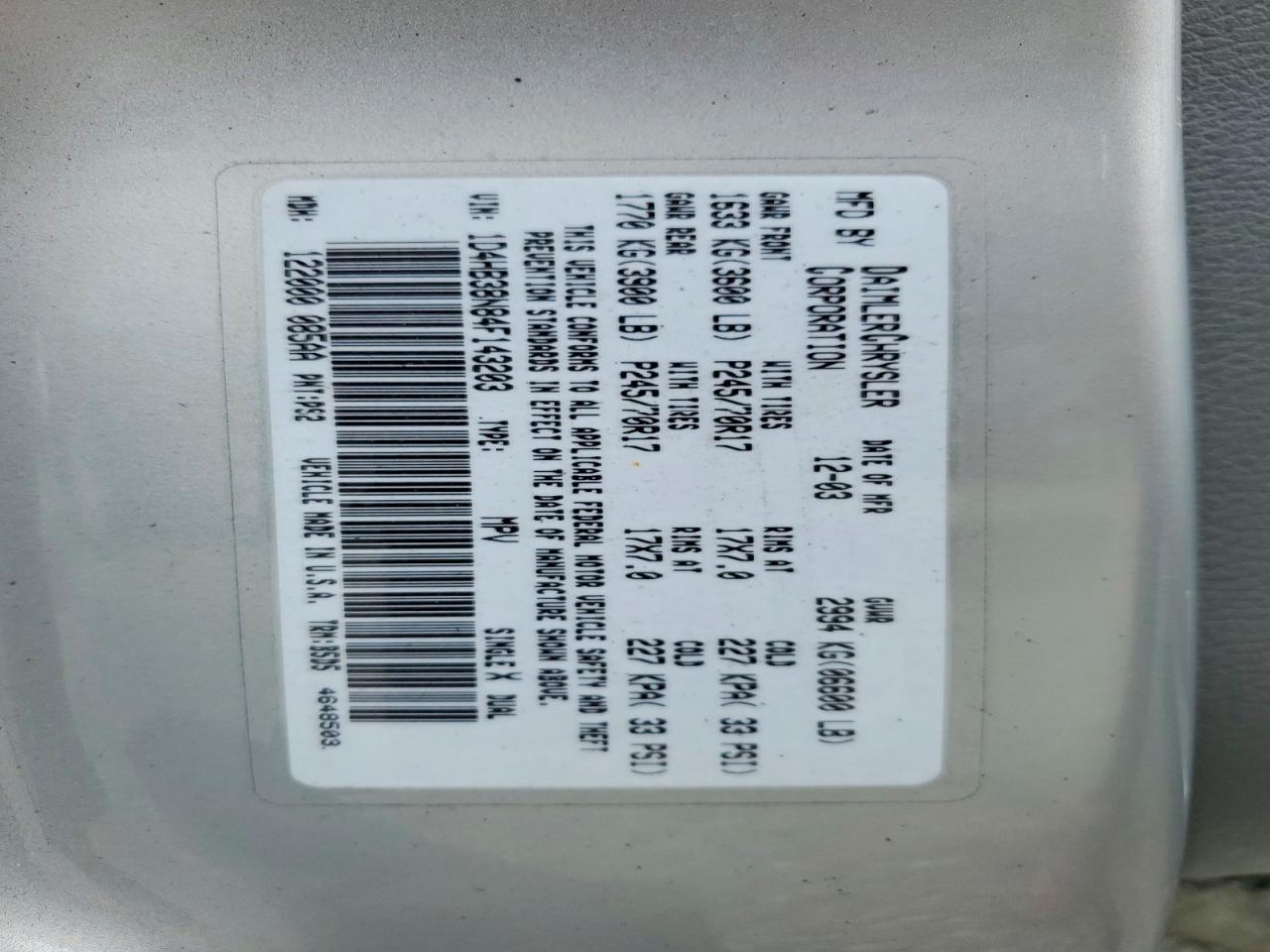 2004 Dodge Durango St Silver vin: 1D4HB38N84F143203