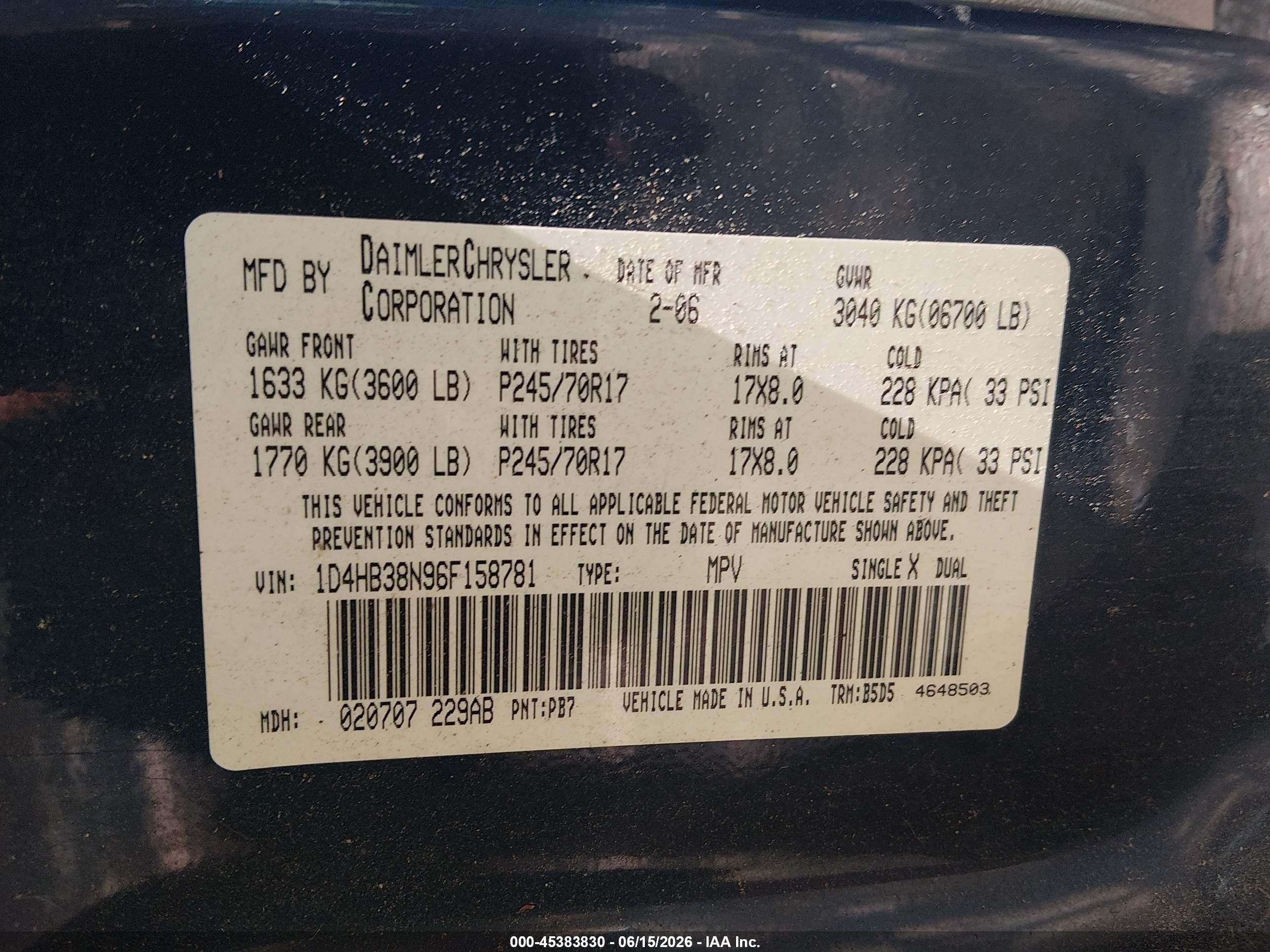 2006 Dodge Durango Sxt Blue vin: 1D4HB38N96F158781