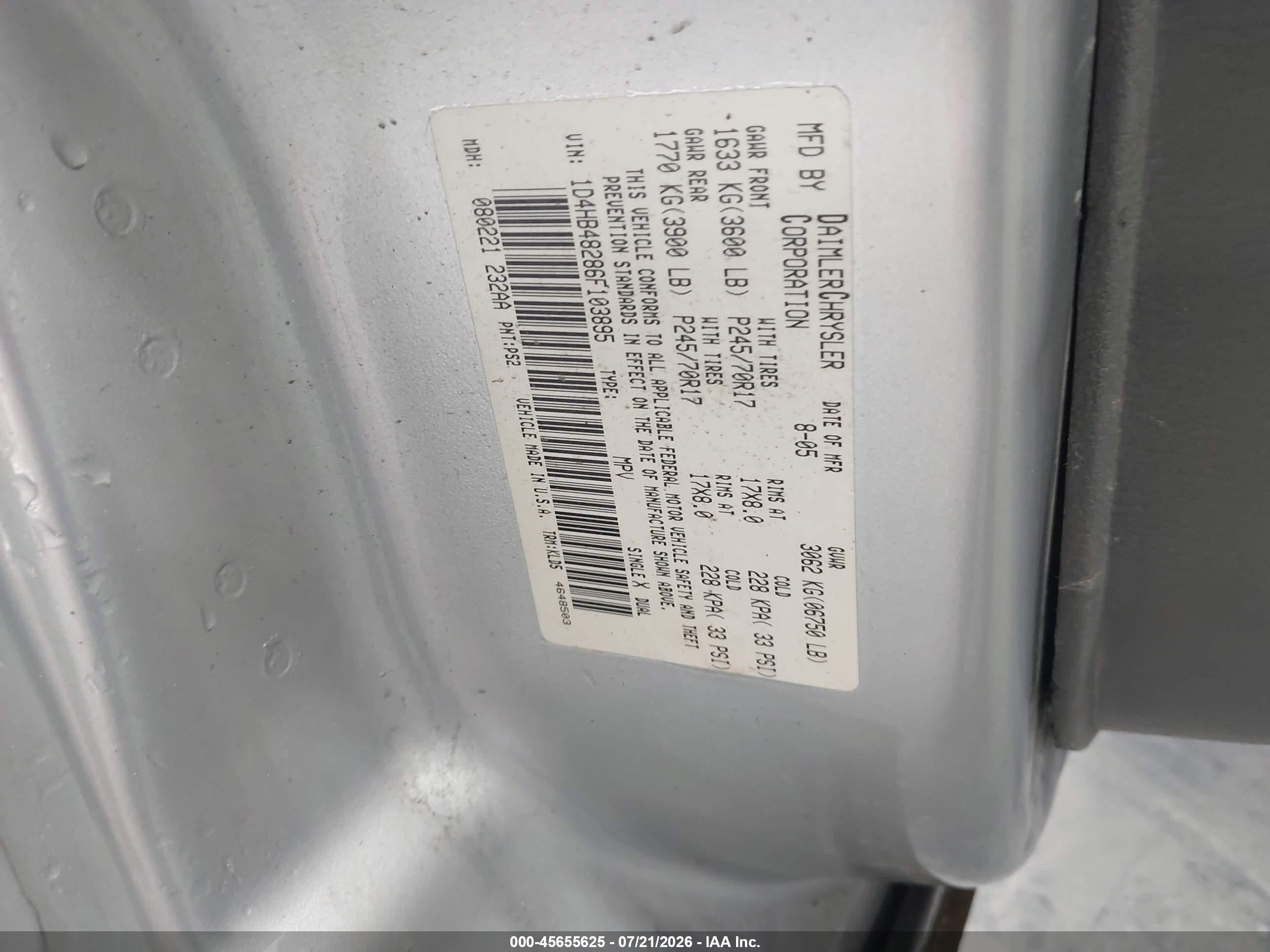2006 Dodge Durango Slt Silver vin: 1D4HB48286F103895