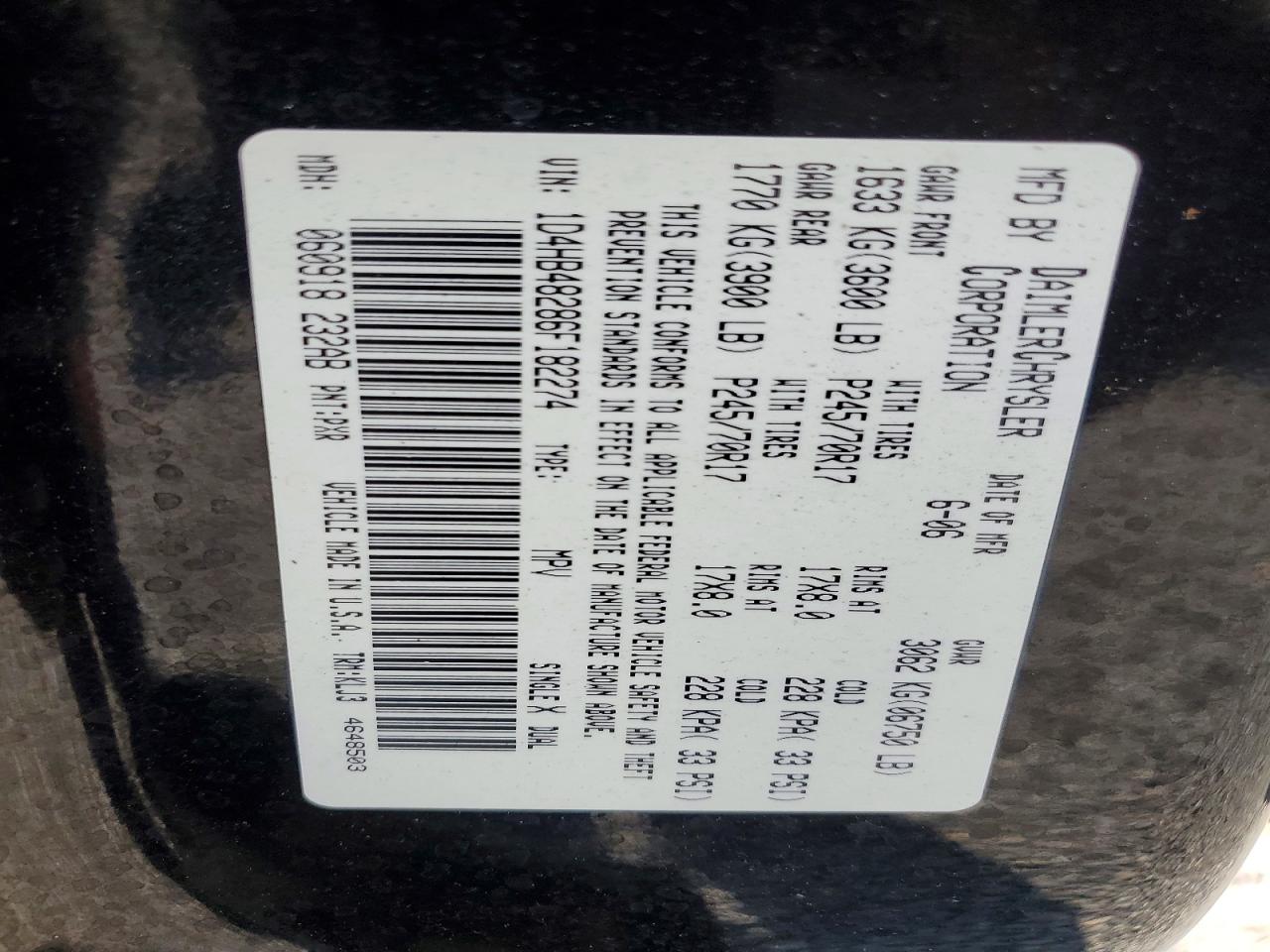2006 Dodge Durango Slt Black vin: 1D4HB48286F182274