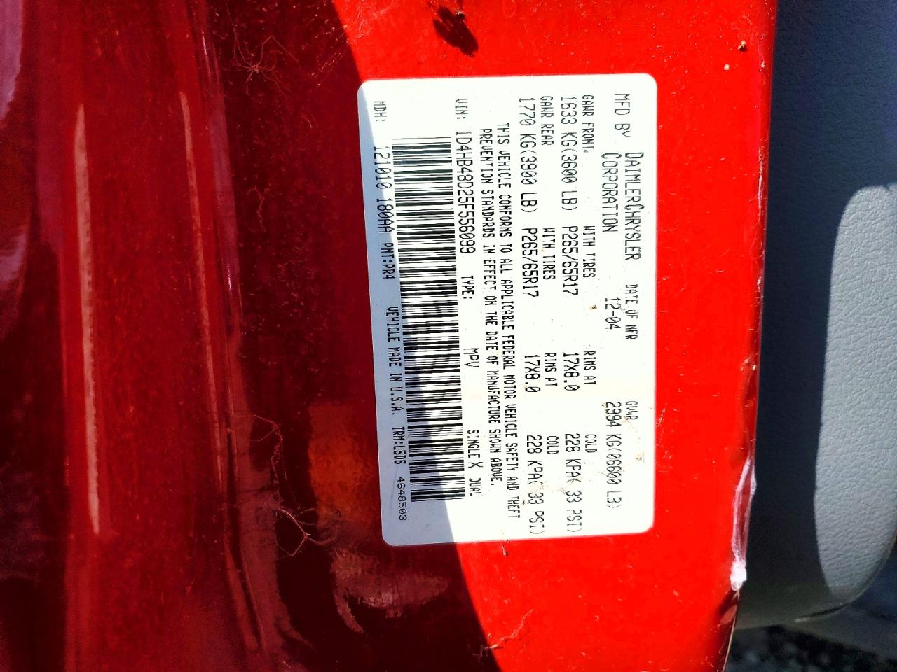 2005 Dodge Durango Slt Red vin: 1D4HB48D25F556099