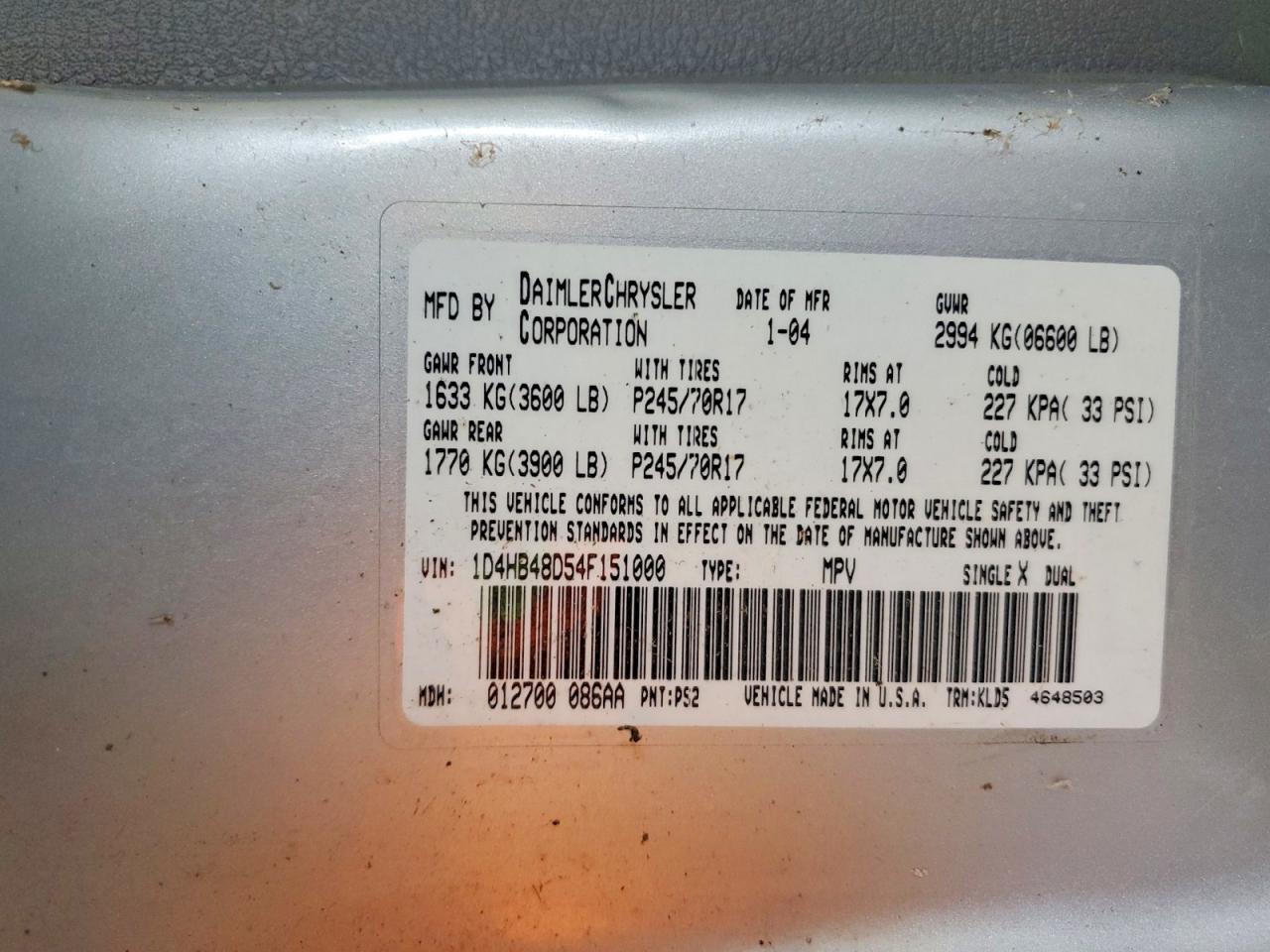 2004 Dodge Durango Slt Silver vin: 1D4HB48D54F151000