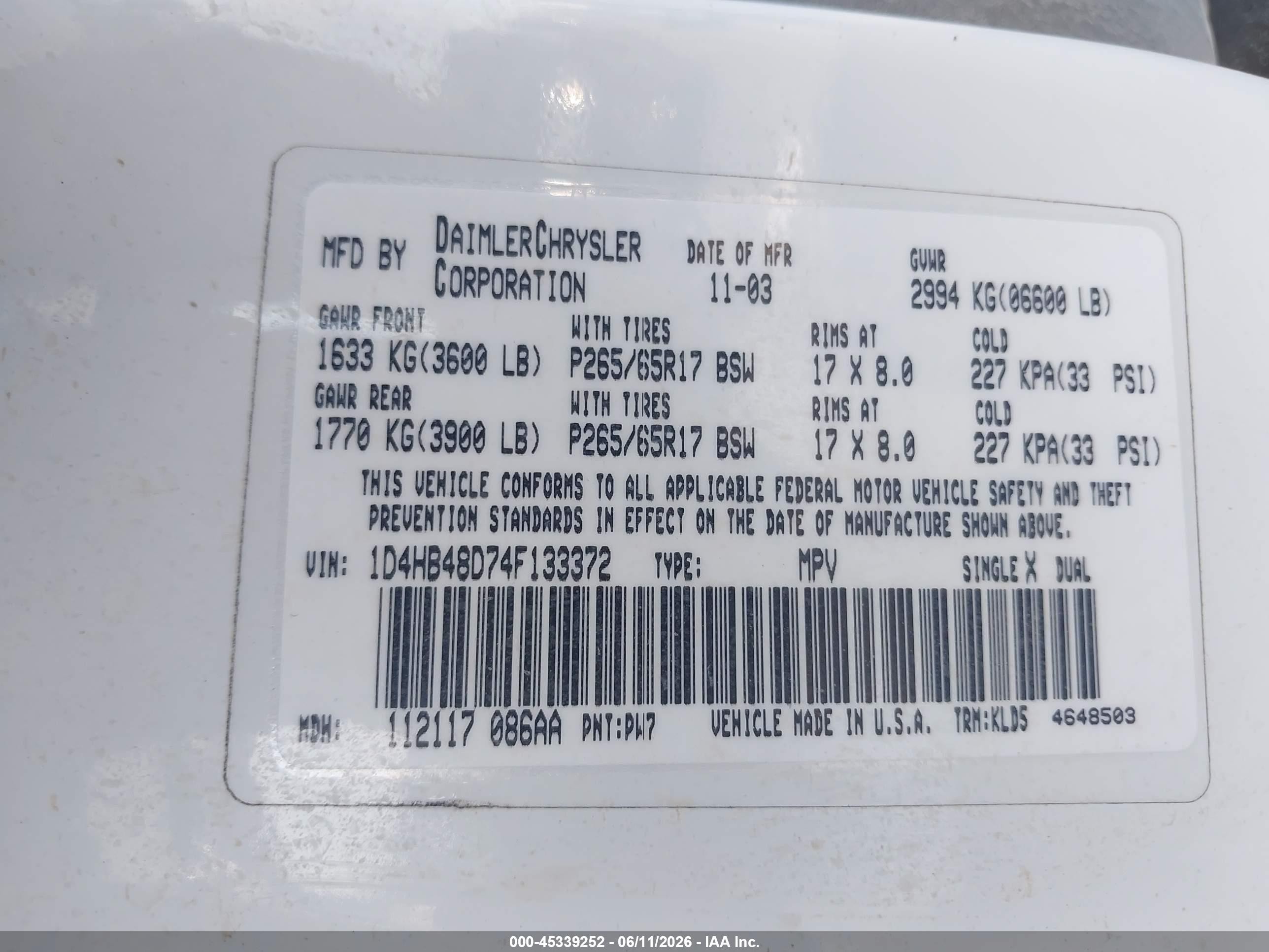 2004 Dodge Durango Slt White vin: 1D4HB48D74F133372