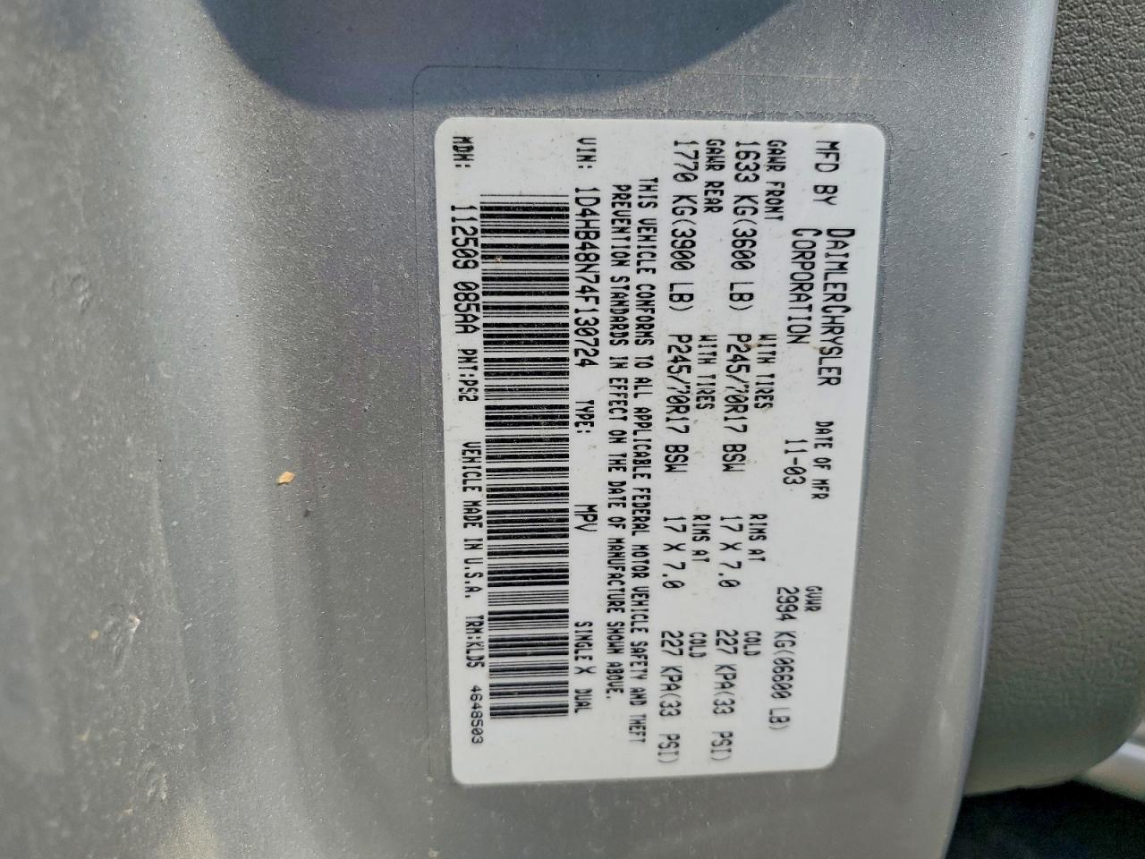 2004 Dodge Durango Slt Silver vin: 1D4HB48N74F130724