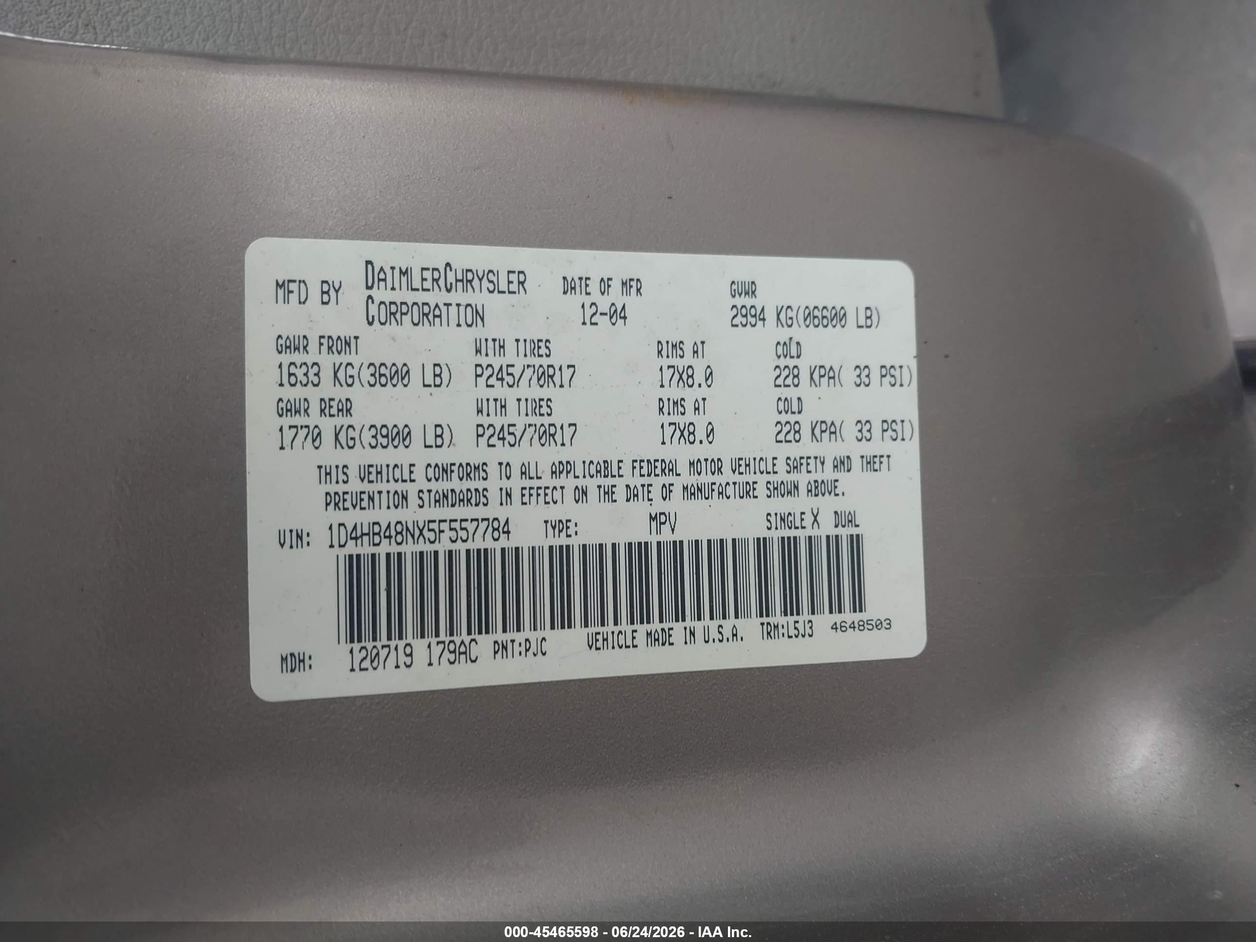 2005 Dodge Durango Slt Pewter vin: 1D4HB48NX5F557784