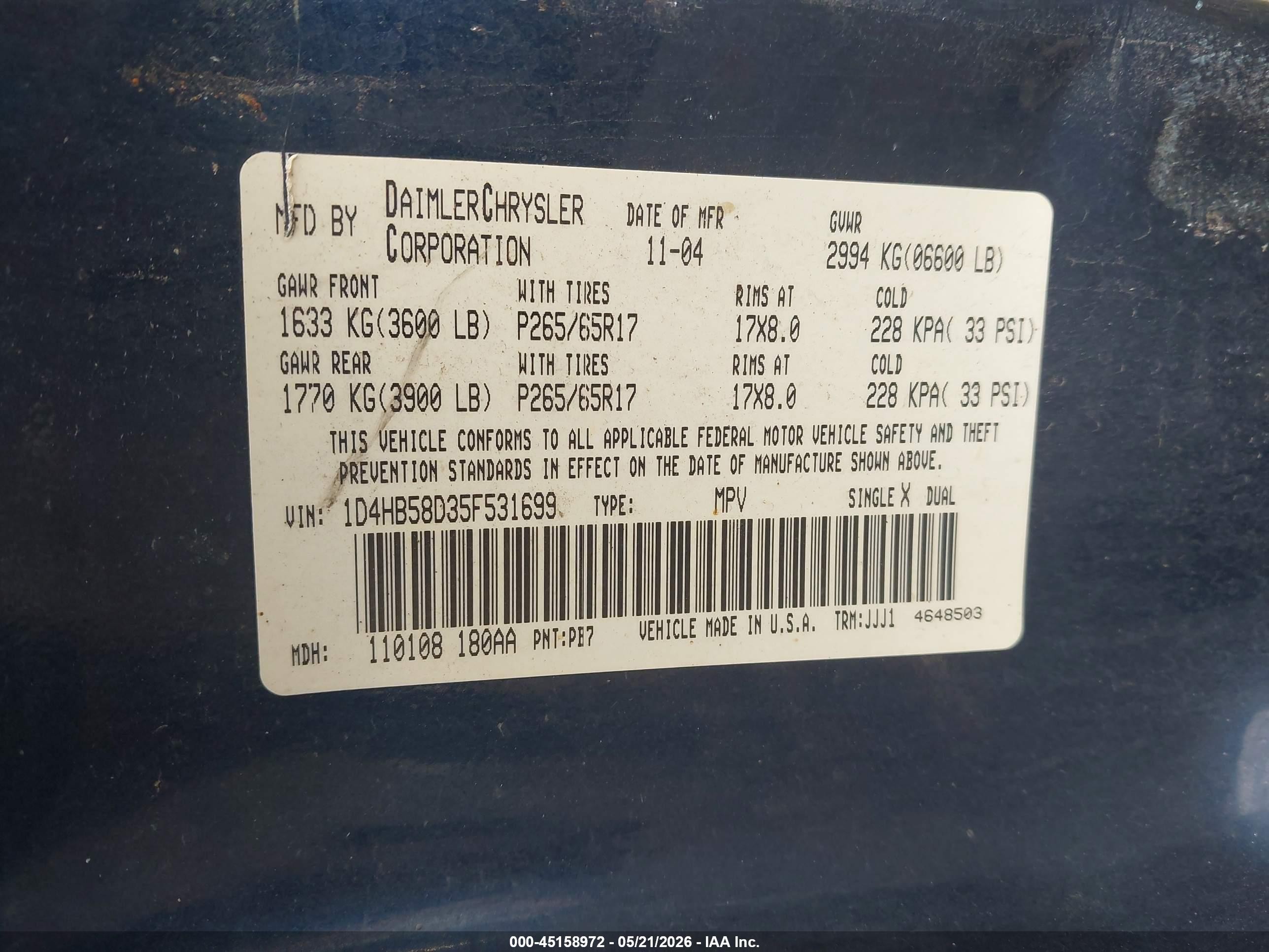 2005 Dodge Durango Limited Blue vin: 1D4HB58D35F531699
