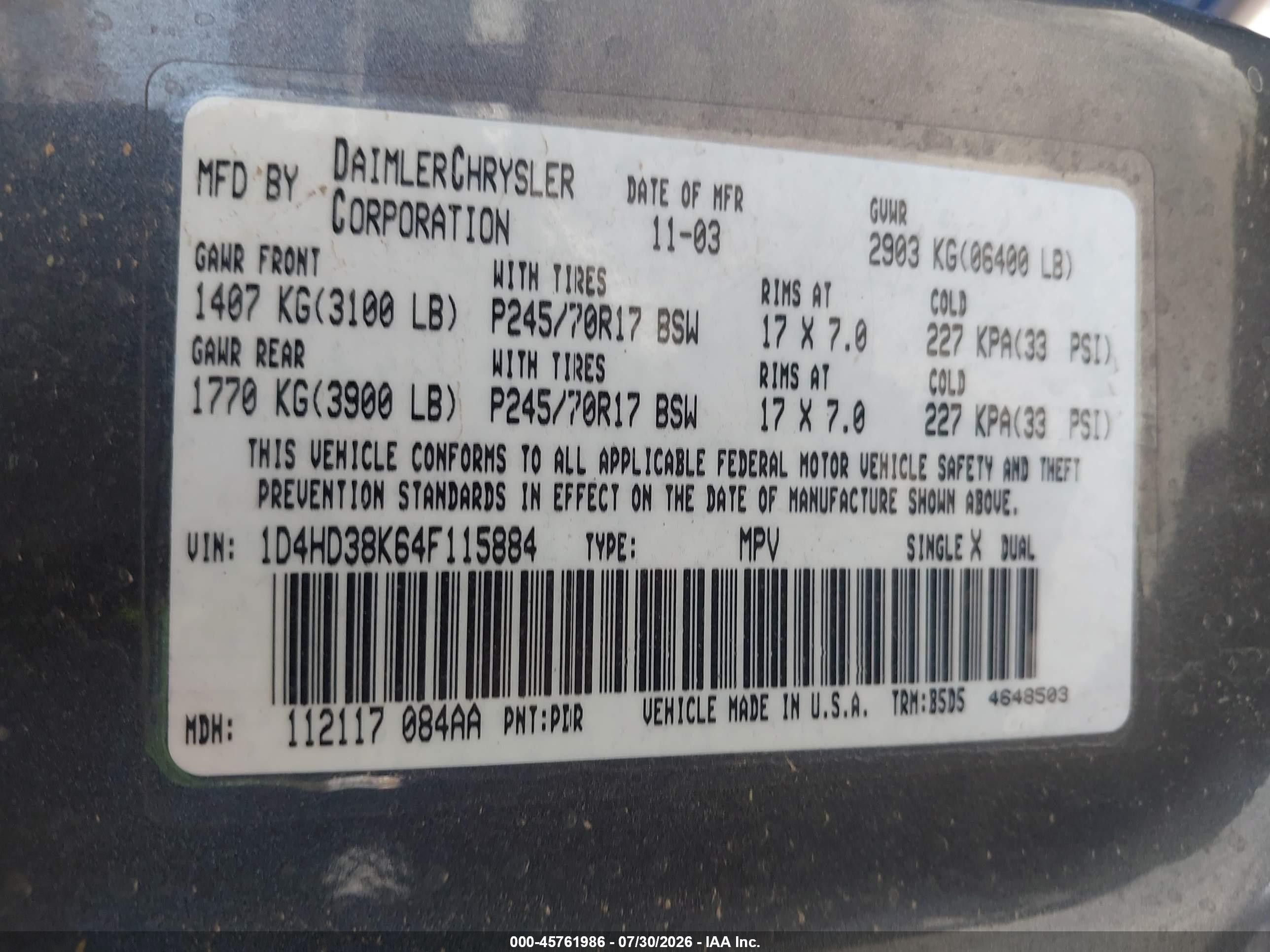 2004 Dodge Durango St Gray vin: 1D4HD38K64F115884