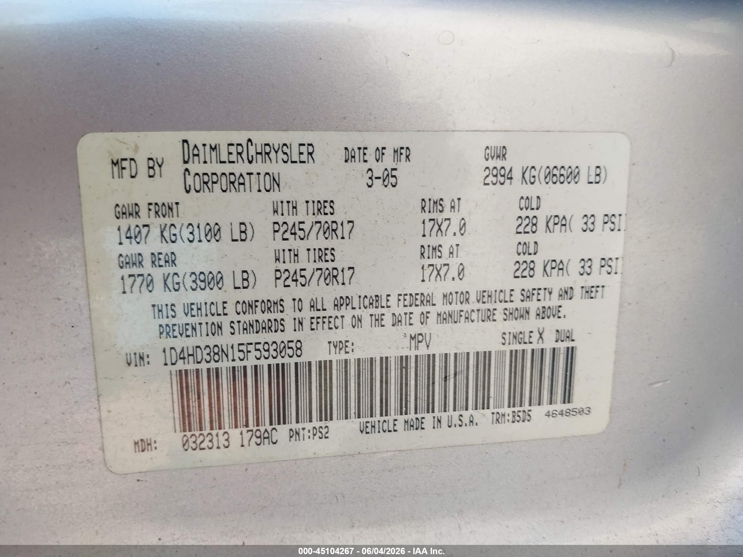 2005 Dodge Durango St Silver vin: 1D4HD38N15F593058