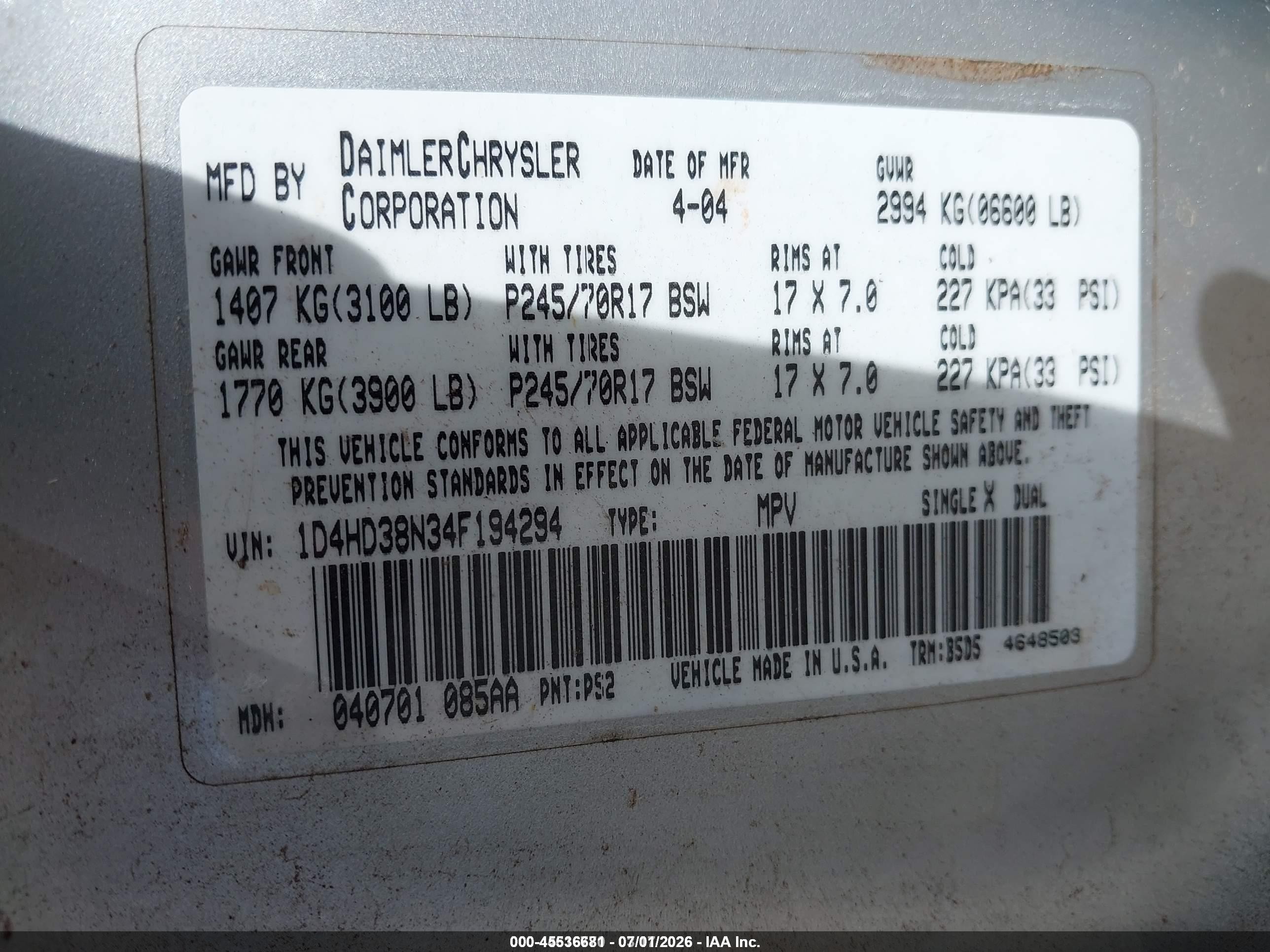 2004 Dodge Durango St Серебряный vin: 1D4HD38N34F194294
