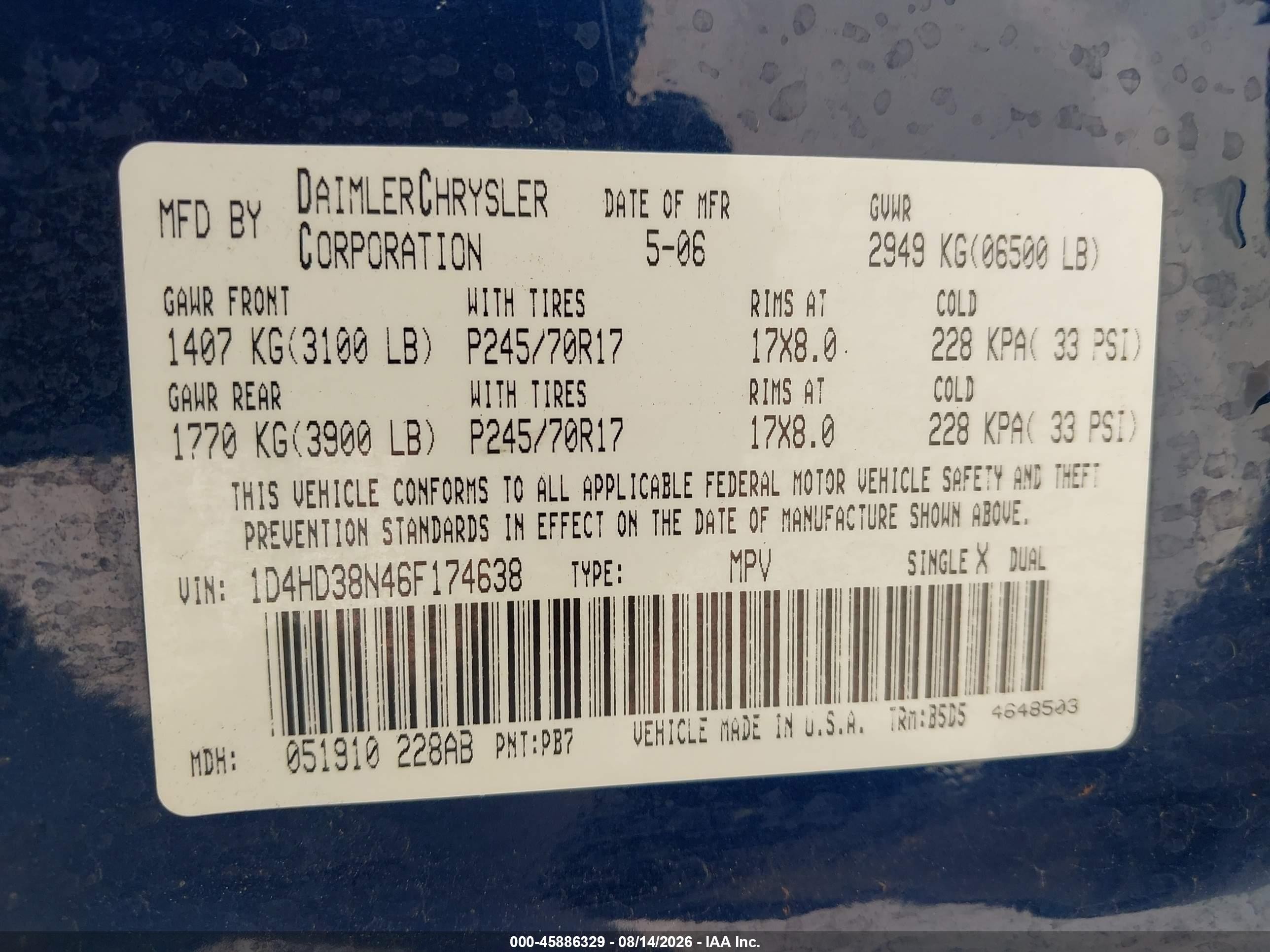 2006 Dodge Durango Sxt Blue vin: 1D4HD38N46F174638