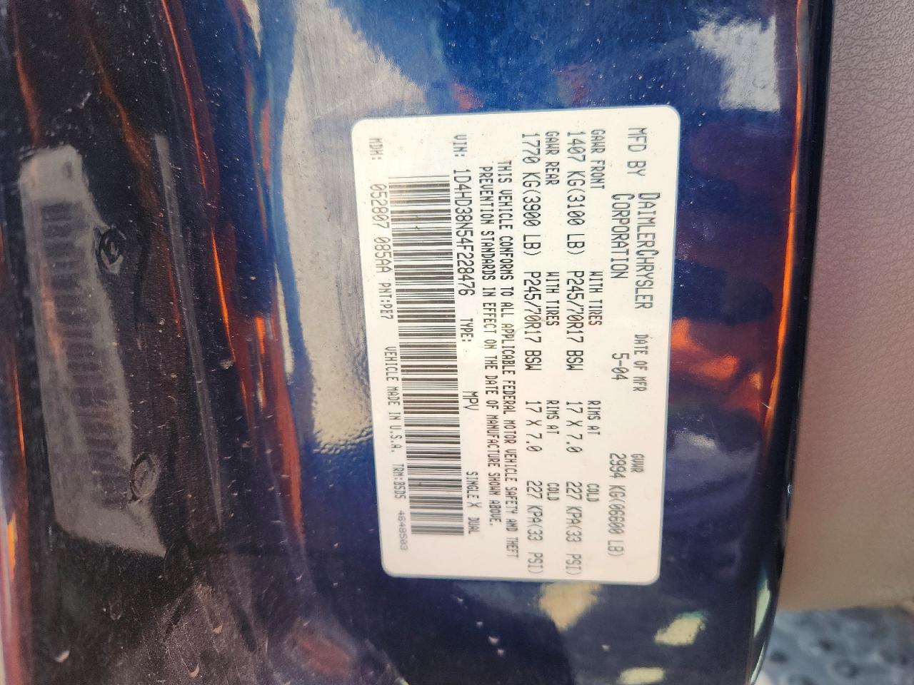2004 Dodge Durango St Blue vin: 1D4HD38N54F228476