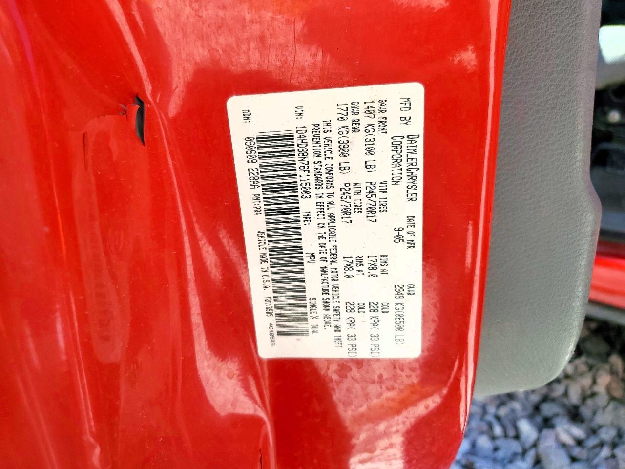 2006 Dodge Durango Red vin: 1D4HD38N76F115003