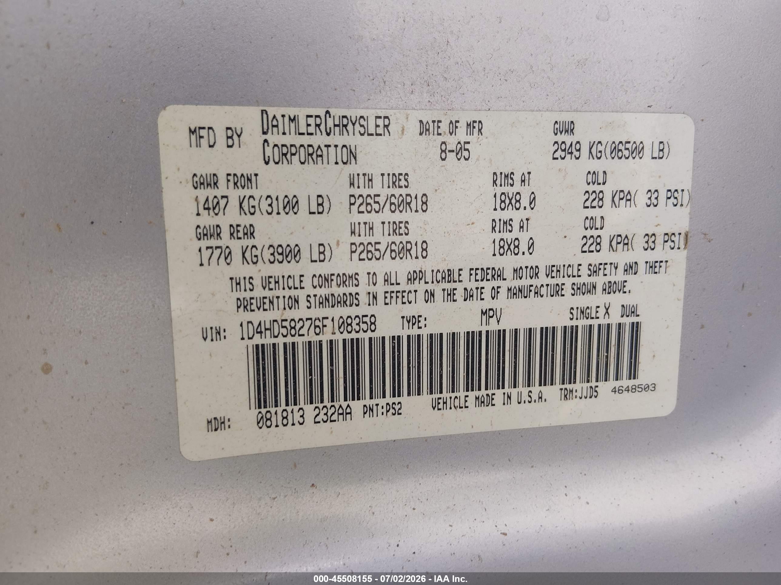 2006 Dodge Durango Limited Silver vin: 1D4HD58276F108358