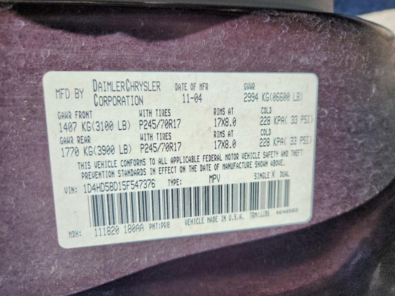 2005 Dodge Durango Limited Purple vin: 1D4HD58D15F547376