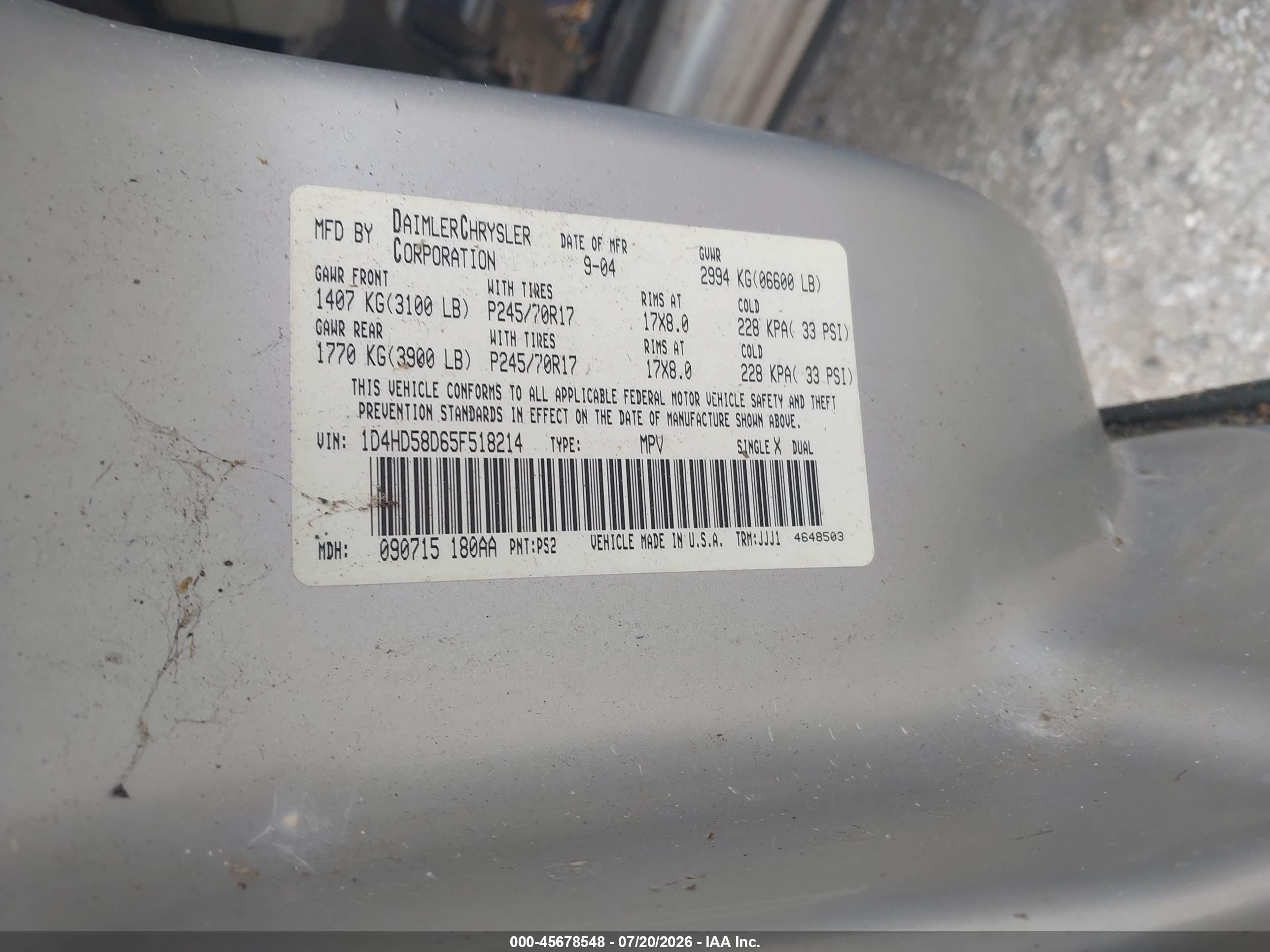 2005 Dodge Durango Limited Silver vin: 1D4HD58D65F518214