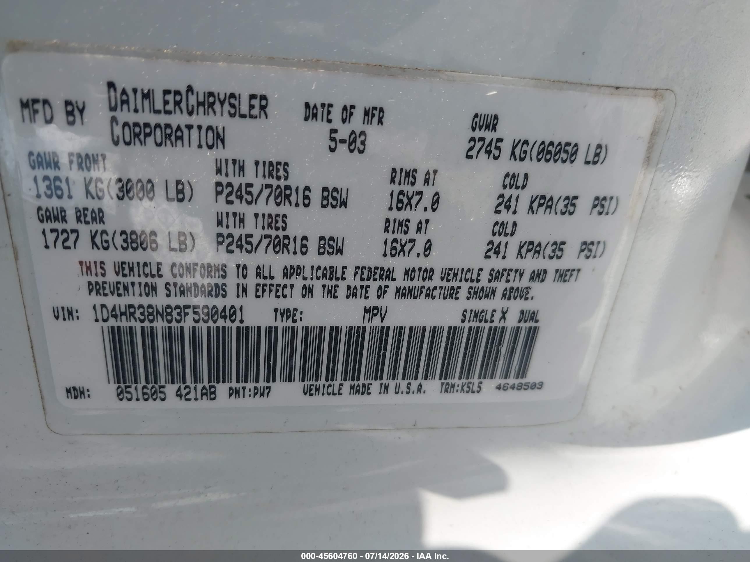 2003 Dodge Durango Sport/sxt White vin: 1D4HR38N83F590401