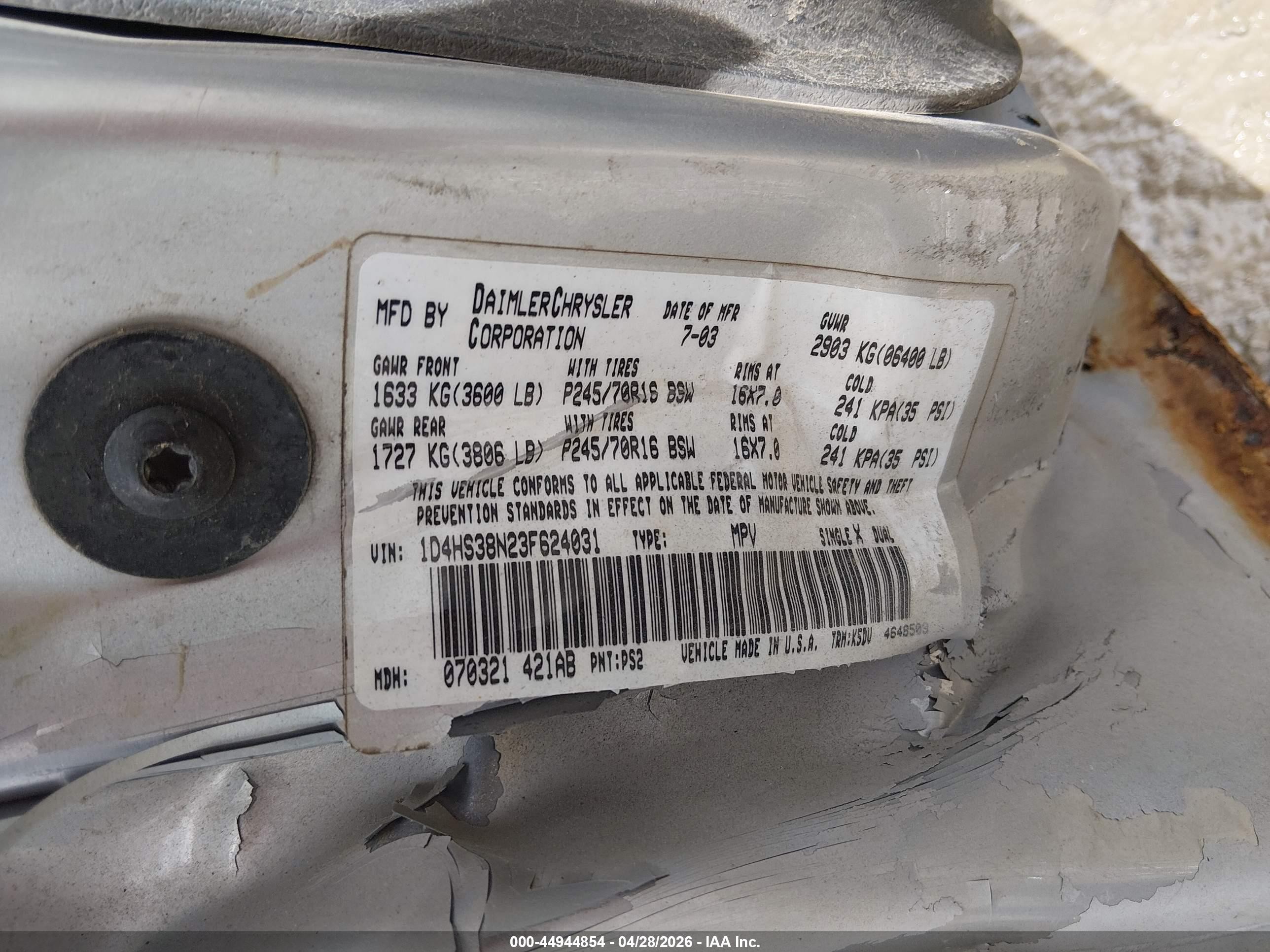 2003 Dodge Durango Sport/sxt Silver vin: 1D4HS38N23F624031