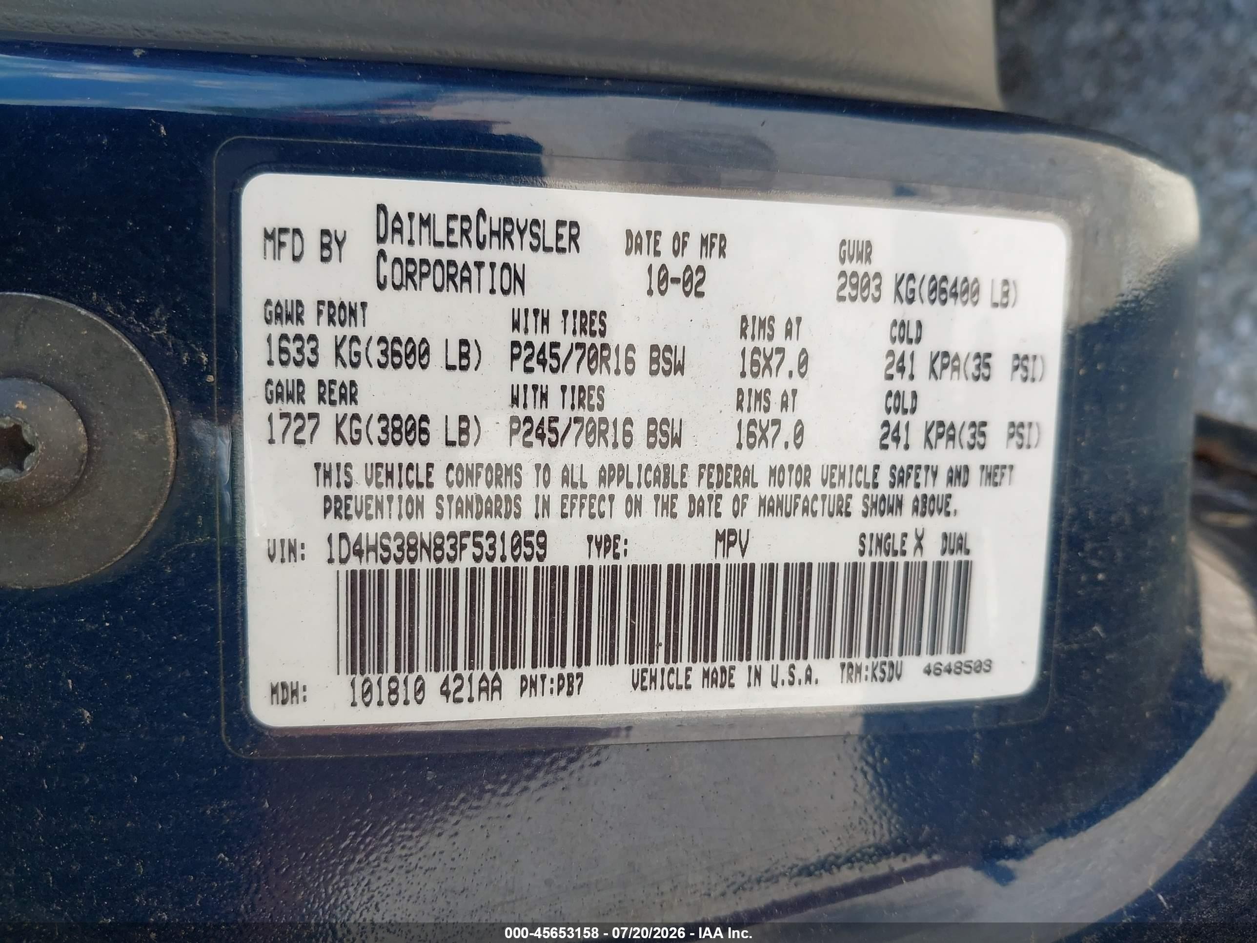 2003 Dodge Durango Sport/sxt Blue vin: 1D4HS38N83F531059