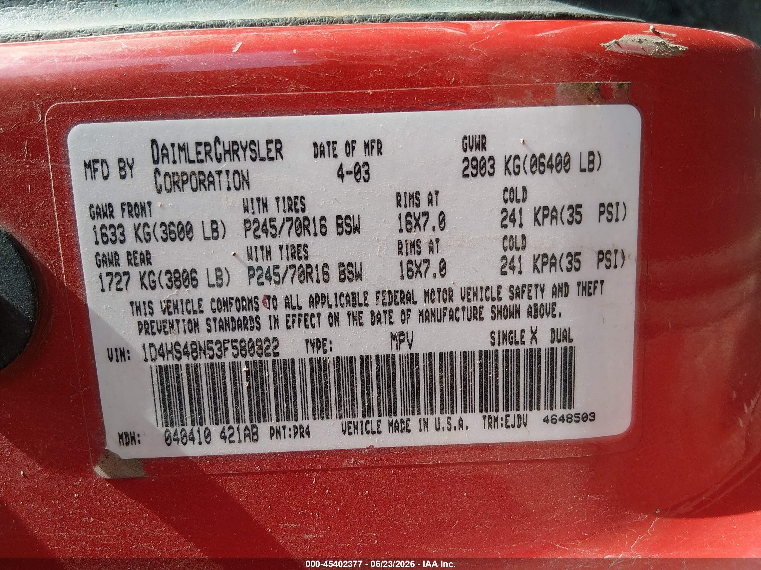 2003 Dodge Durango Slt Red vin: 1D4HS48N53F580922