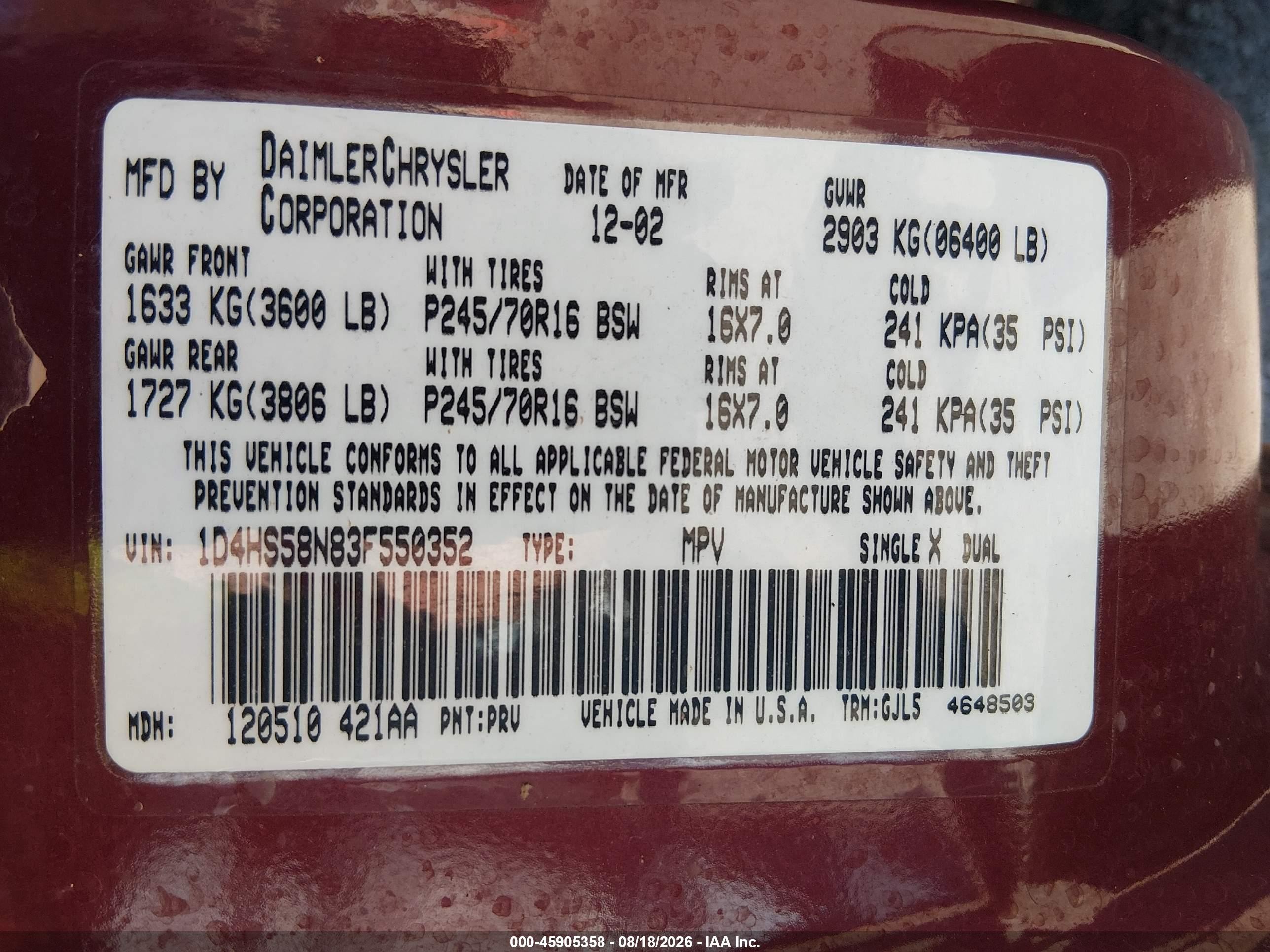2003 Dodge Durango Slt Plus Burgundy vin: 1D4HS58N83F550352